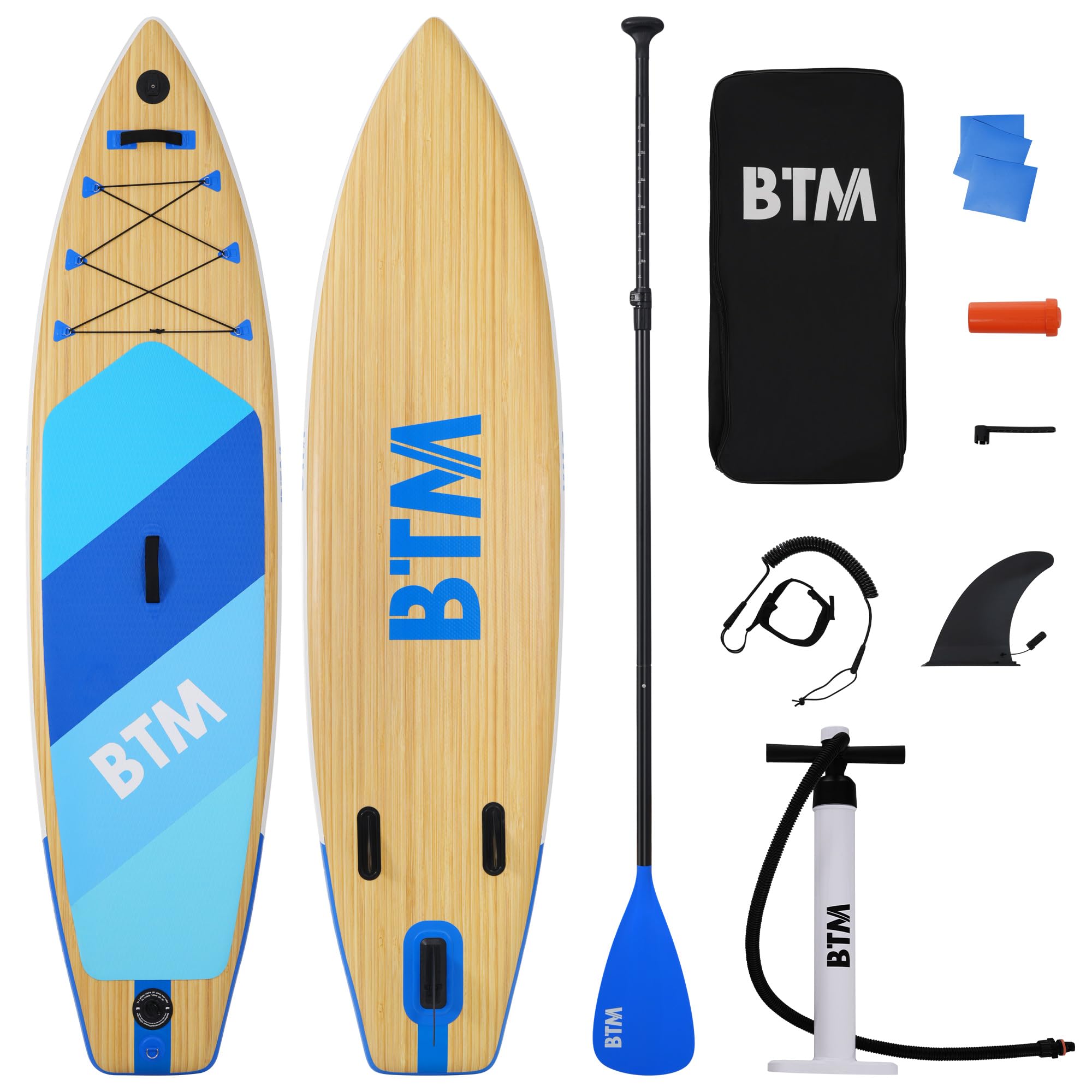 BTM SUPボード スタンドアップパドルボード インフレータブル SUPセット オールラウンド型 超軽量 安定性 滑り止め 初心者向け ヨガ・釣り・水上散歩対応 収納バッグ付き 持ち運び便利 耐荷重160kg 幅76cm(ブルー+木目色)