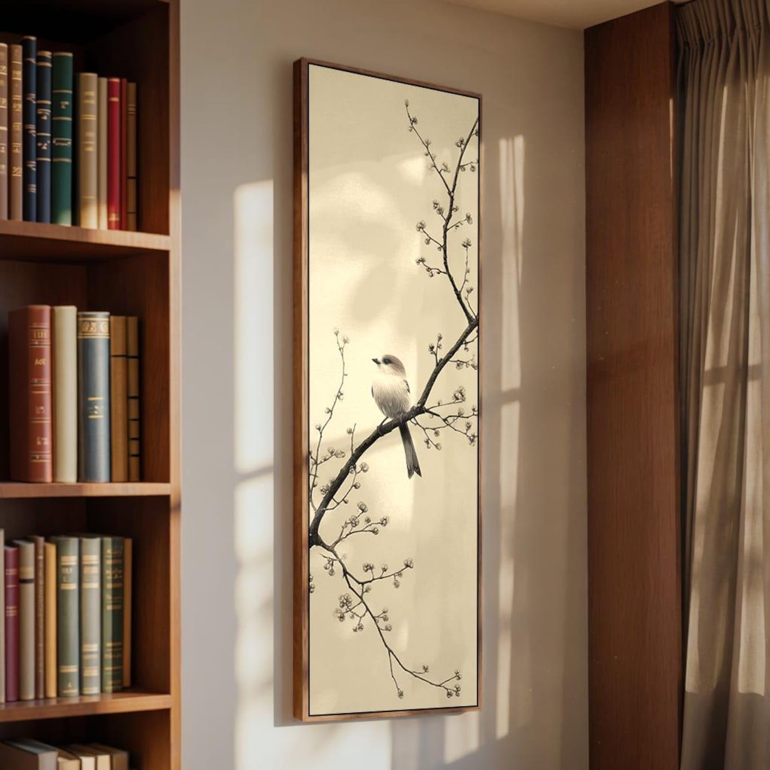XINBAO Bird Branch Narrow Canvas Wall Art, Animals Canvas Print, Tall Slim Corridor Decor，Horizontal Painting，Decor Canvas(40x120cm/Frameless)