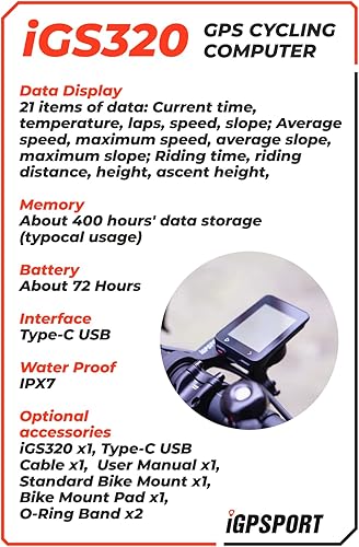 Miniatura 5 de iGPSPORT iGS320 - Ordenador de ciclismo inalámbrico GPS con frecuencia cardíaca HR60 soporte M80 velocidad SPD70 y sensores de cadencia CAD70 y