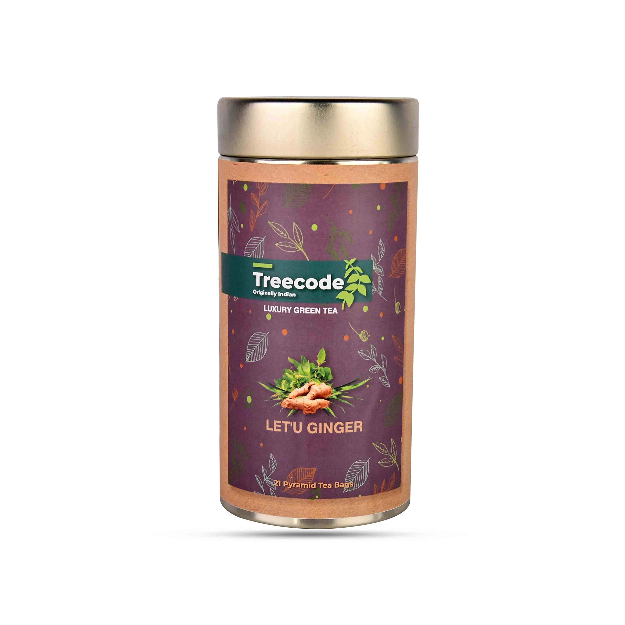Treecode's Le'tu Ginger Green Tea with Lemon Grass , Tulsi & Ginger I 21 Pyramid Bags Tin Pack