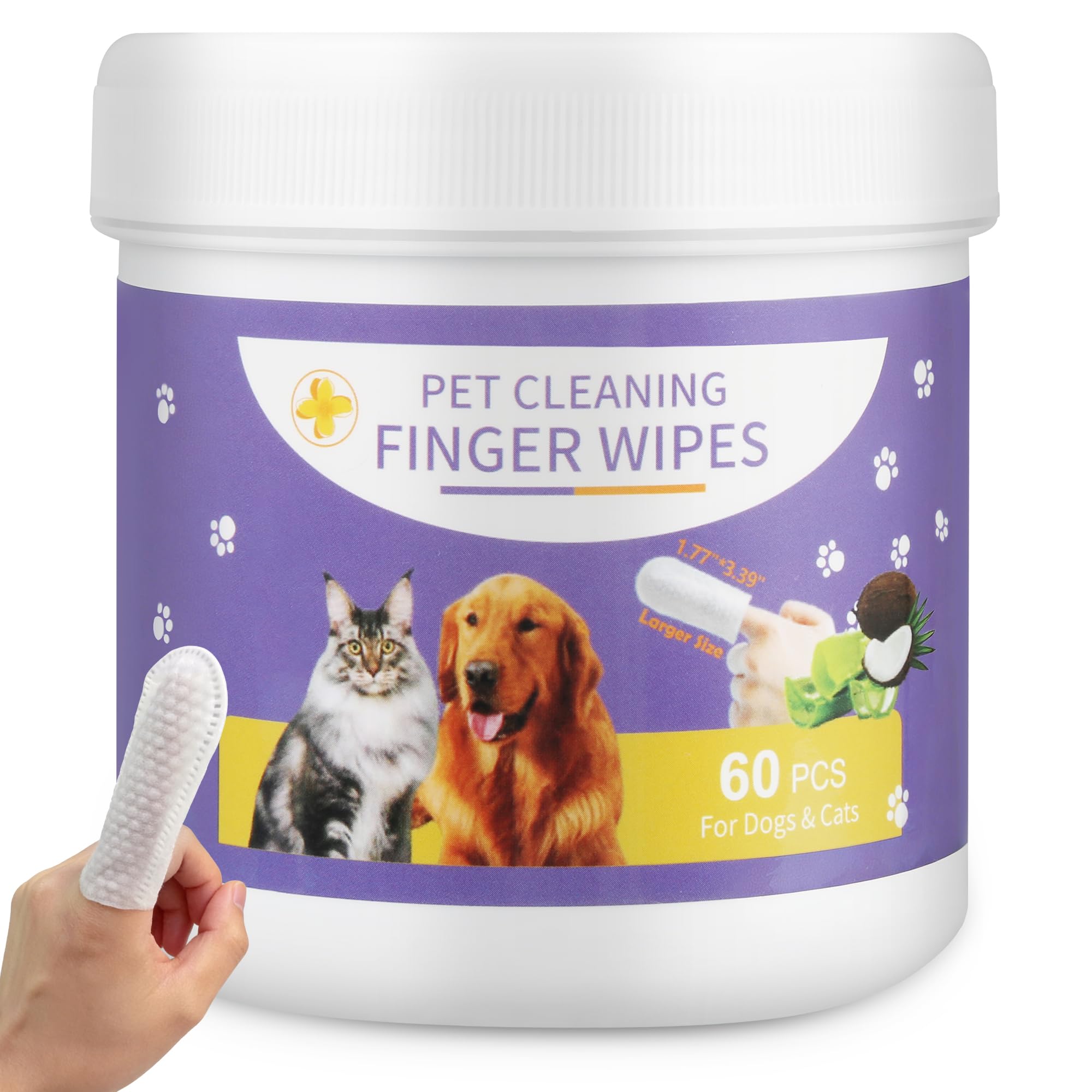 Dog Teeth Cleaning Wipes, 60 Pcs Pet Dental Cleaning Finger Wipes Tooth Brushing Kit for Dogs Cats Plaque Tartar Remove, Dog Healthy Mouth Toothbrush Finger Wipe for Pets Oral Care, Coconut Oil