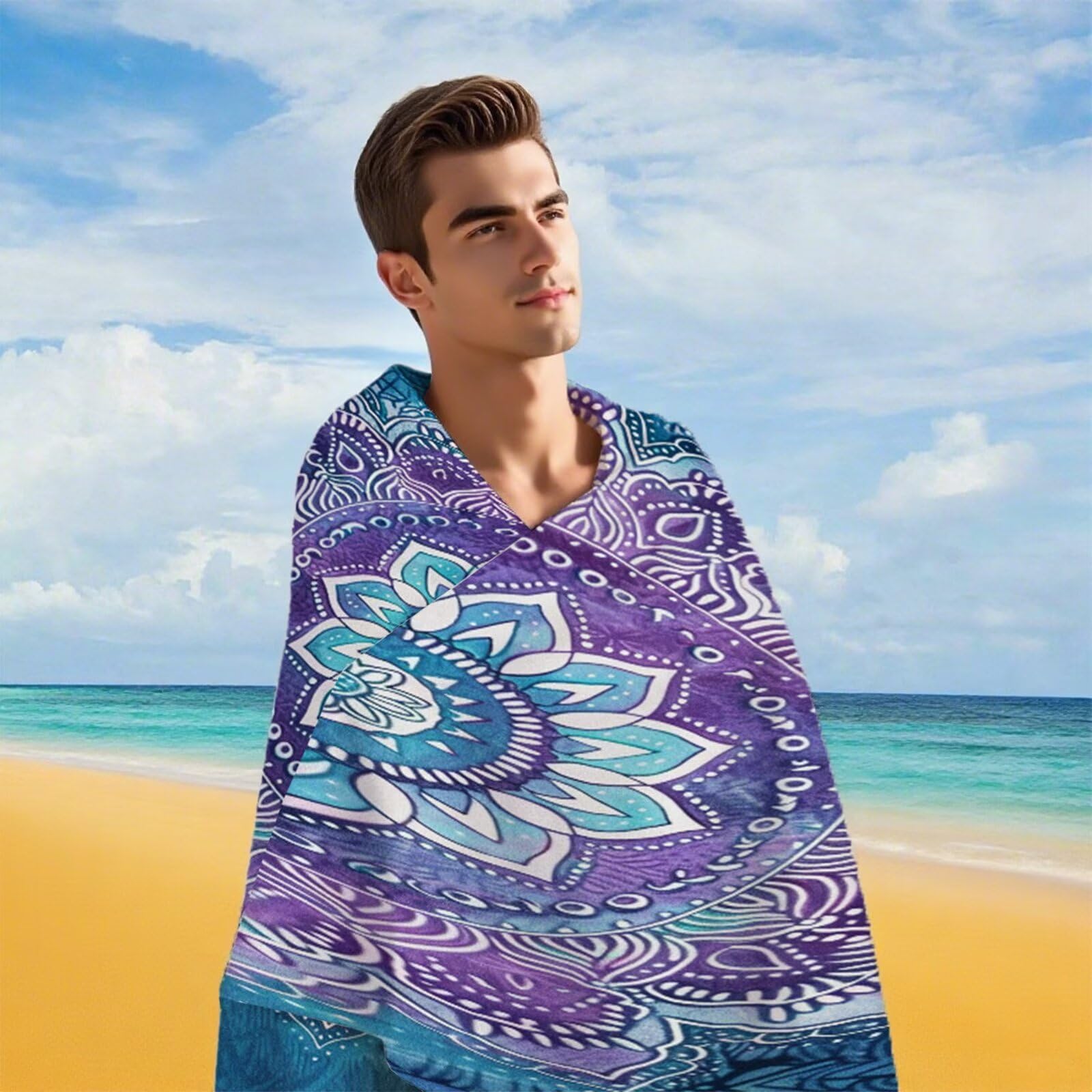 Ręcznik plażowy z mikrofibry 220 x 100 cm duży fioletowy ręcznik kąpielowy mandala mata plażowa anty piasek, ręczniki sportowe, szybkoschnące, kompaktowe i lekkie, do sportu, podróży, sauny, basenu Y1