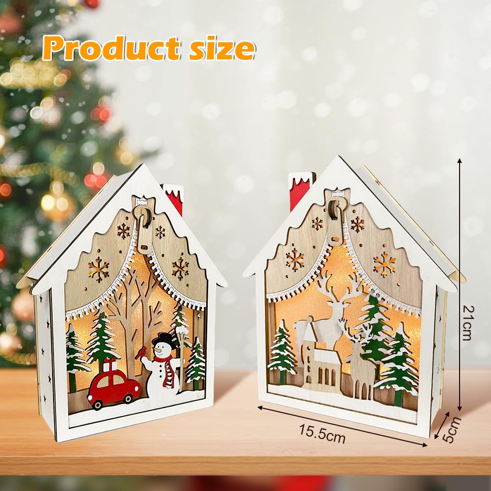 Decoración Navideña Casita De Madera Con Luces LED - Incluye árboles, Muñeco De Nieve, Para Centro De Mesa