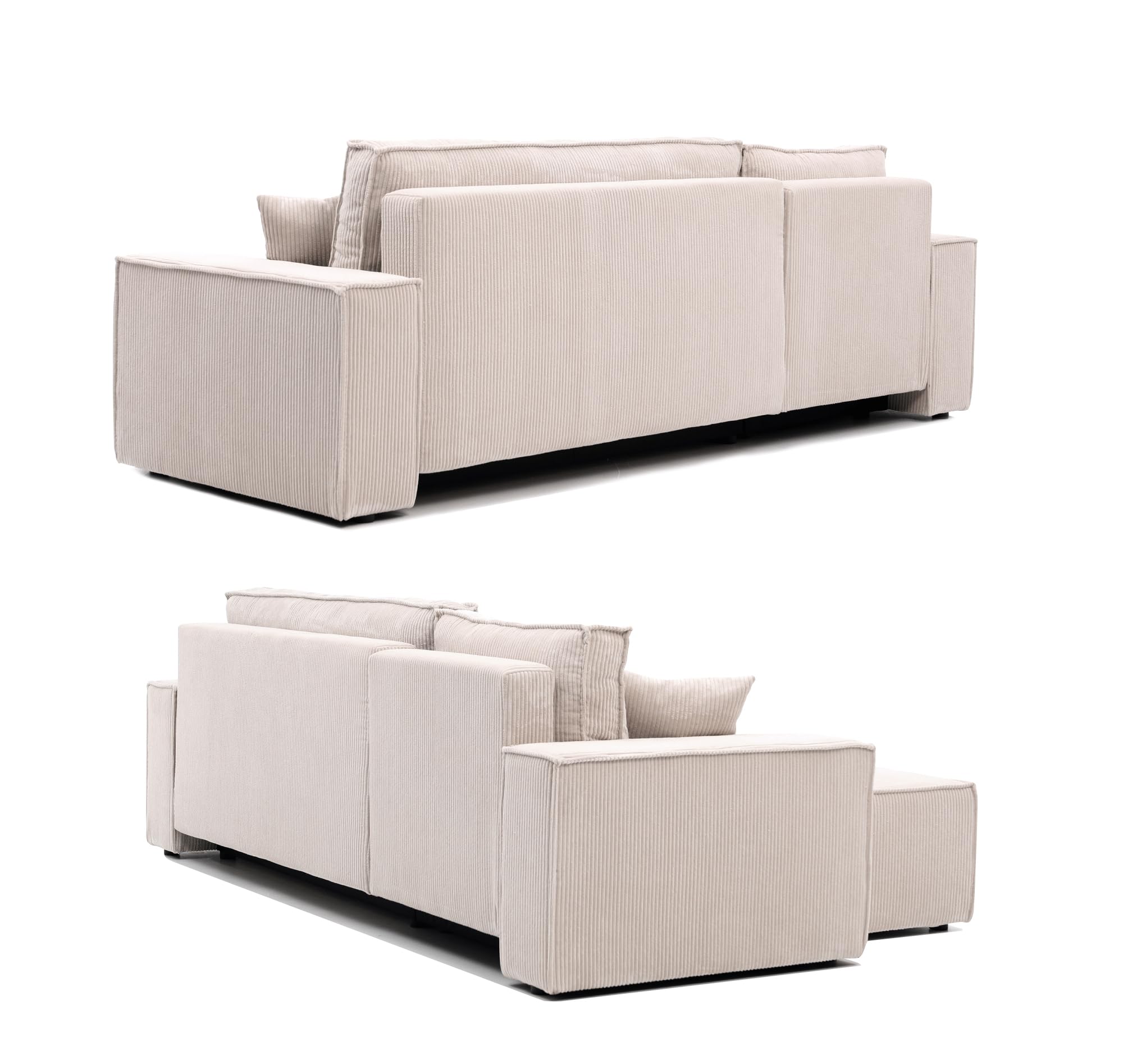 GREKPOL 244x145 Sofa mit Schlaffunktion (200x125) - Cord Sofa 3 Sitzer - Beige Ecksofa mit Schlaffunktion und Bettkasten - Schlafsofa mit Bettkasten - Couch