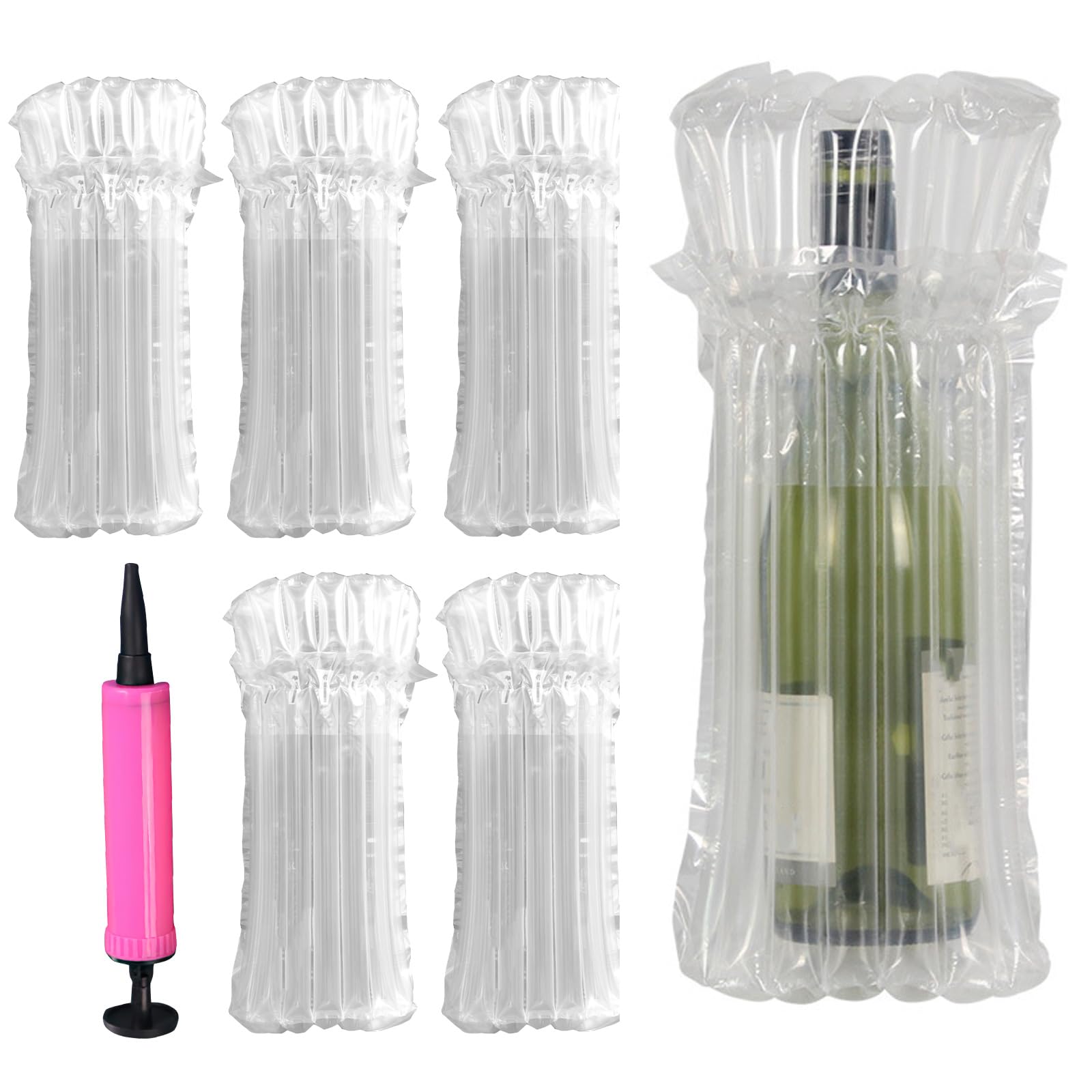 7 Pcs Bottles Protectors for Travel, Wine Bottle Protector, Air Wrap, Reusable Wine Bottle Bubble Cushion with Free Pump, Inflatable Air Column Cushion Wrap Bag, for Travel Airplane Suitcase Luggage