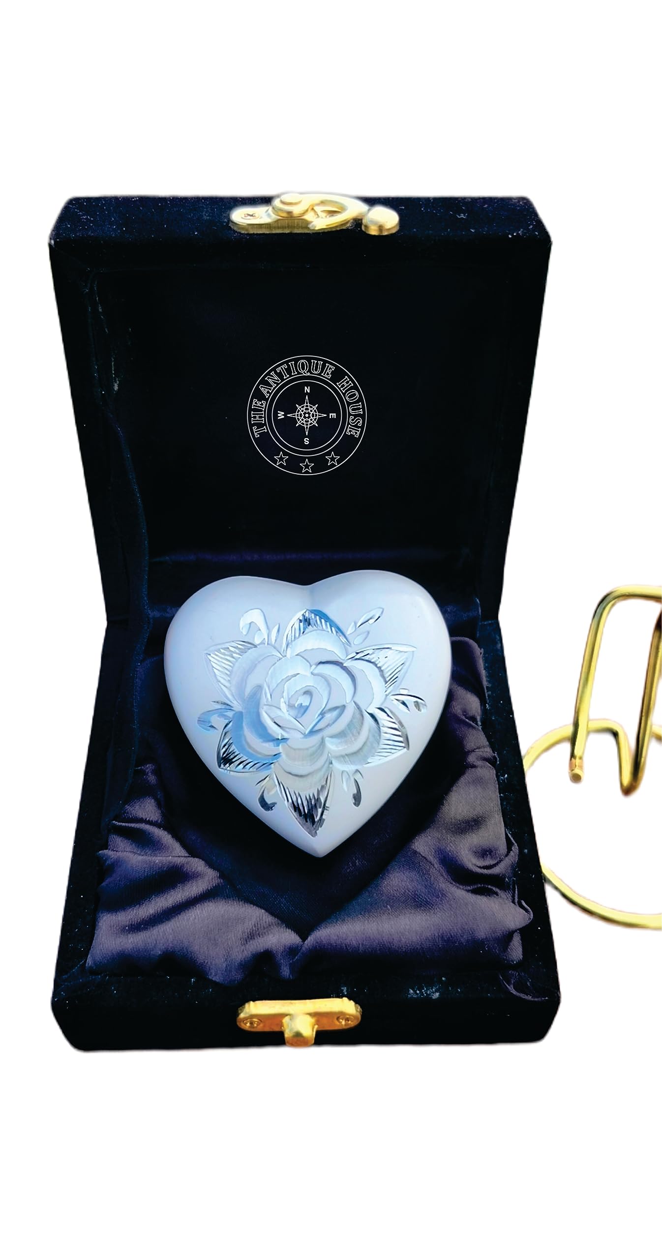 Mini-Urne mit weißen Rosen, Herzform, Urne für menschliche Asche, Erwachsene und Beerdigung für Erwachsene und Säuglinge, mit hochwertiger Samt-Box und Messingständer