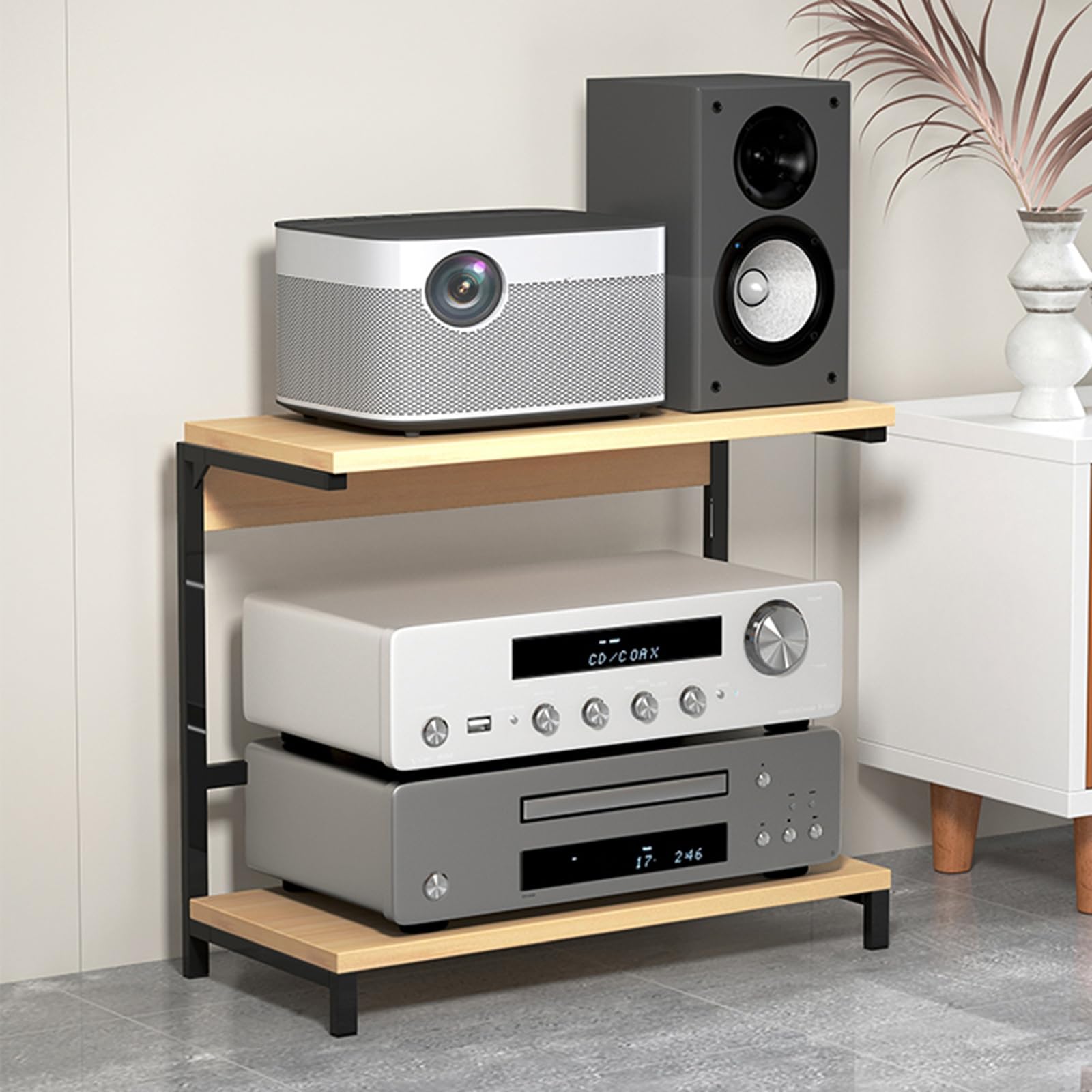 AV-Media-Ständer mit 2 Ebenen, Metallrahmen und MDF-Eckregal, Entertainment-Center, Audio-Rack, Turm für DVD-Player, Spielekonsolen, TV-Boxen, Projektoren – stilvolle Aufbewahrungslösung