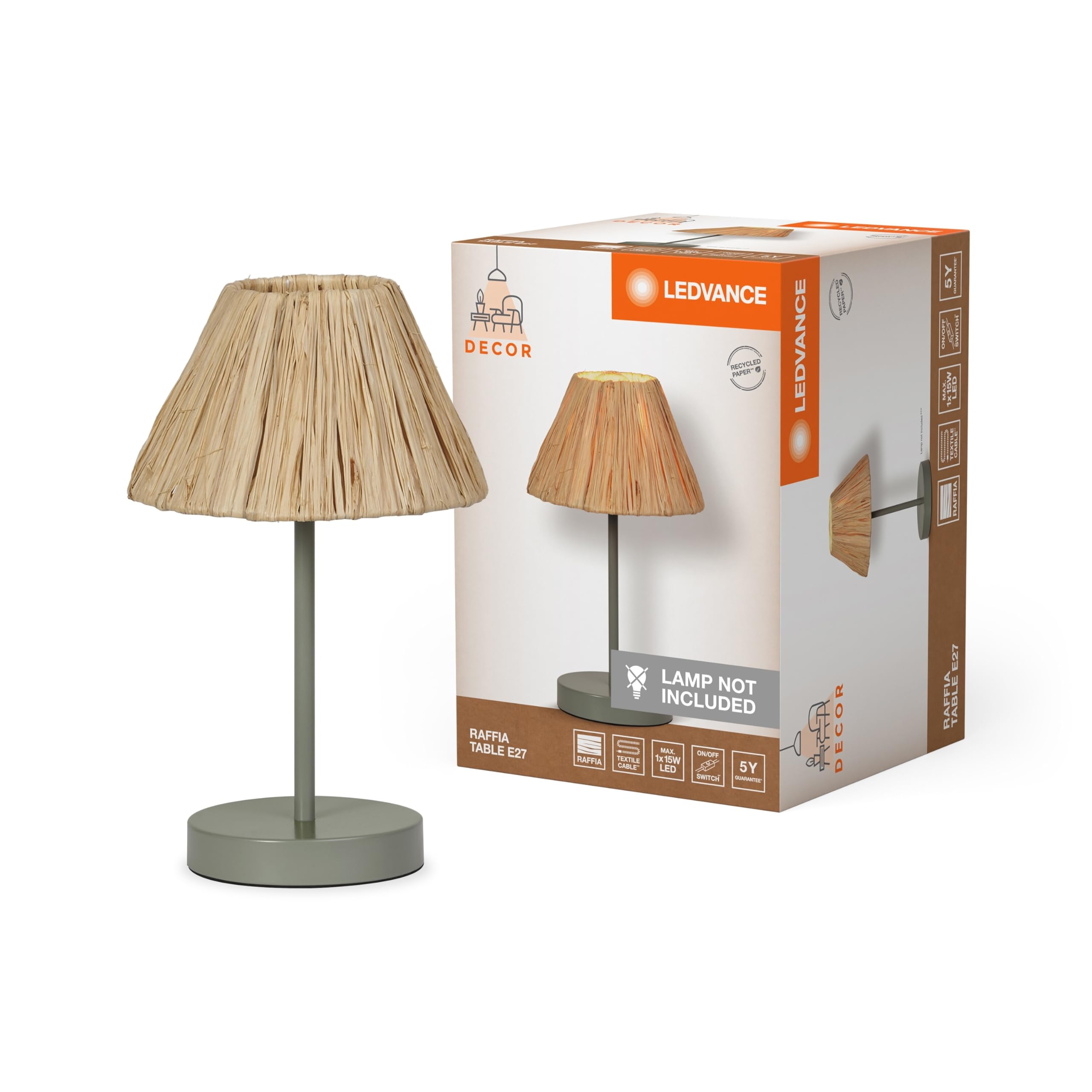 LEDVANCE Decor Raffia Green-Brown Raffia and Metal, E27, Diameter 200 mm, lampshade in Recycled Material, durabthanks to a Replaceable Light Source, Easy to Install