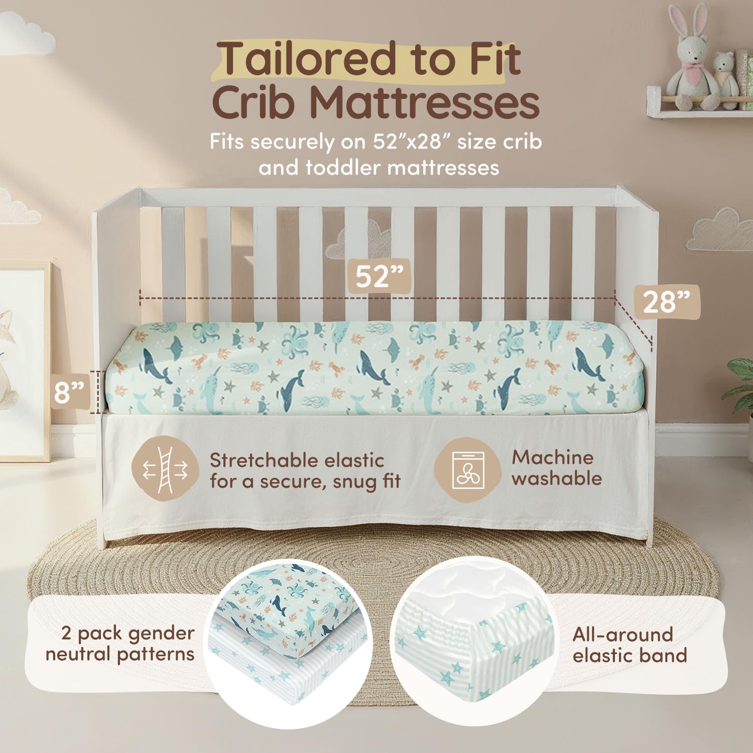 Tytuł: My Little Zone Baby Crib prześcieradło z gumką żeglarskie - bawełniane prześcieradła do pokoju dziecięcego do łóżeczka dziecięcego - neutralne dla płci (turkusowo-białe), 2 szt