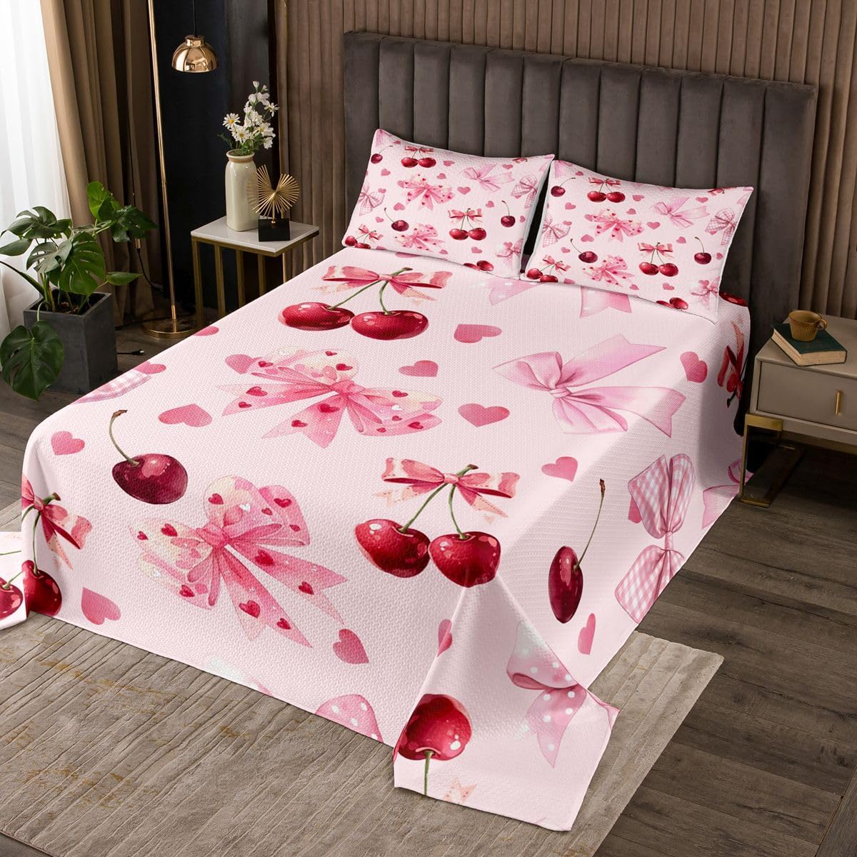 Erosebridal Pink Kawaii Bow Quilt Set Ribbon Bowknot Cherry Watercolor Twin Bedspread Set | Cartoon Bow Tie Love Heart Coquette Coverlet Sets Dreamy Princess Style Quilted