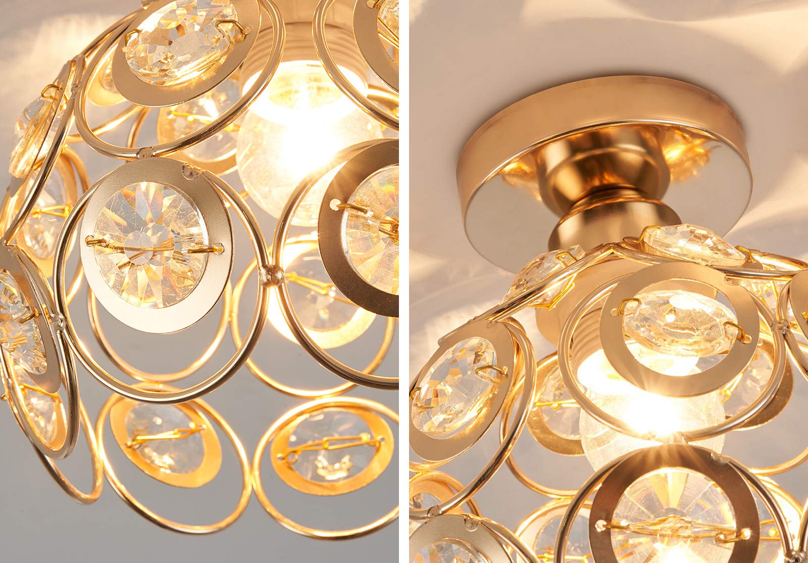 iDEGU Zestaw 2 nowoczesnych lamp sufitowych z kryształu i metalu, przemysłowa lampa wisząca E27, abażur, podświetlenie do sypialni, wejścia do korytarza, 20 cm (złoty)