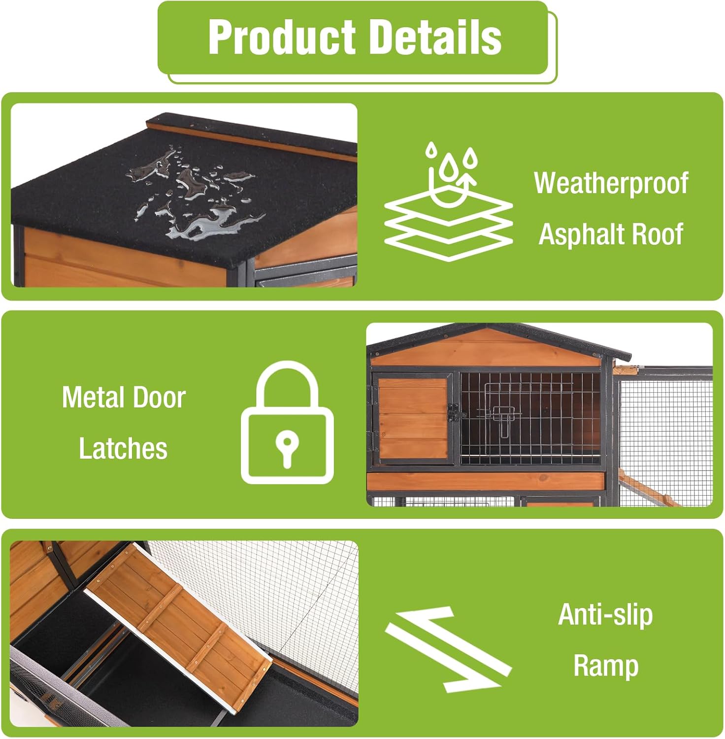 Large Rabbit Hutch Indoor Outdoor, Wooden Rabbit Cage with Chewproof Metal Frame, 62'' Mobile Bunny Cage with Wheels, Pull-Out Tray, Waterproof Roof, Guinea Pig Habitat (Orange)