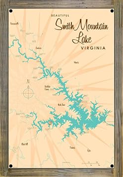 Lakebound Smith Mountain Lake Virginia Retro Steel Metal Wall Art Map Poster, Mounted on Real Reclaimed Barn Wood, 12" x 18". Distinctive Wall Decoration for Home, Cabin, or Office
