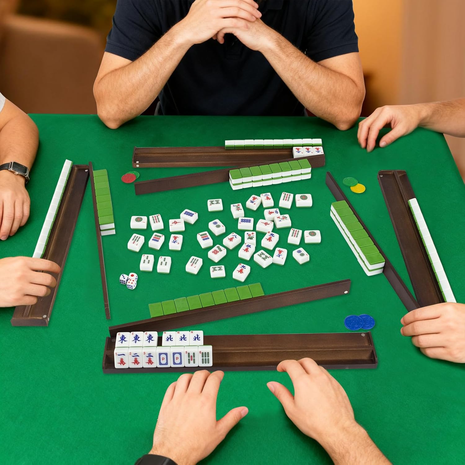 Wooden Mahjong Racks Set with Detachable Magnetic Pushers, 4 Racks & 4 Pushers,Includes 3 Dice, 2 Chip Packs & Carry Bag, Sturdy & Portable Family Game Night Set