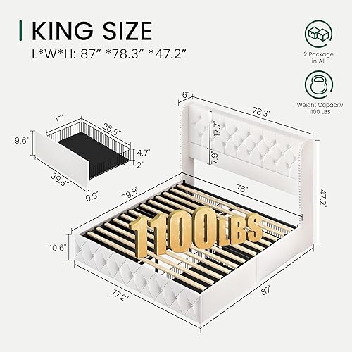 Miniatura 92 de LARMACE - Marco de cama tamaño King con 4 cajones de almacenamiento y cabecera tapizada con botones, cama de plataforma tapizada en lino con