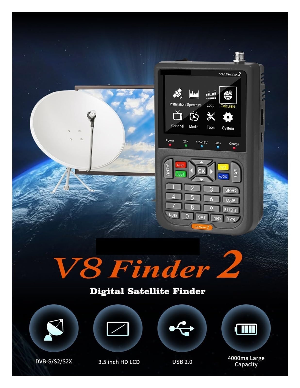 V8 Finder2 Medidor de satélite DVB-S2 Buscador de satélite Satfinder Detector de señal DVB-S/ S2/ S2X | FD2 Black With Bag