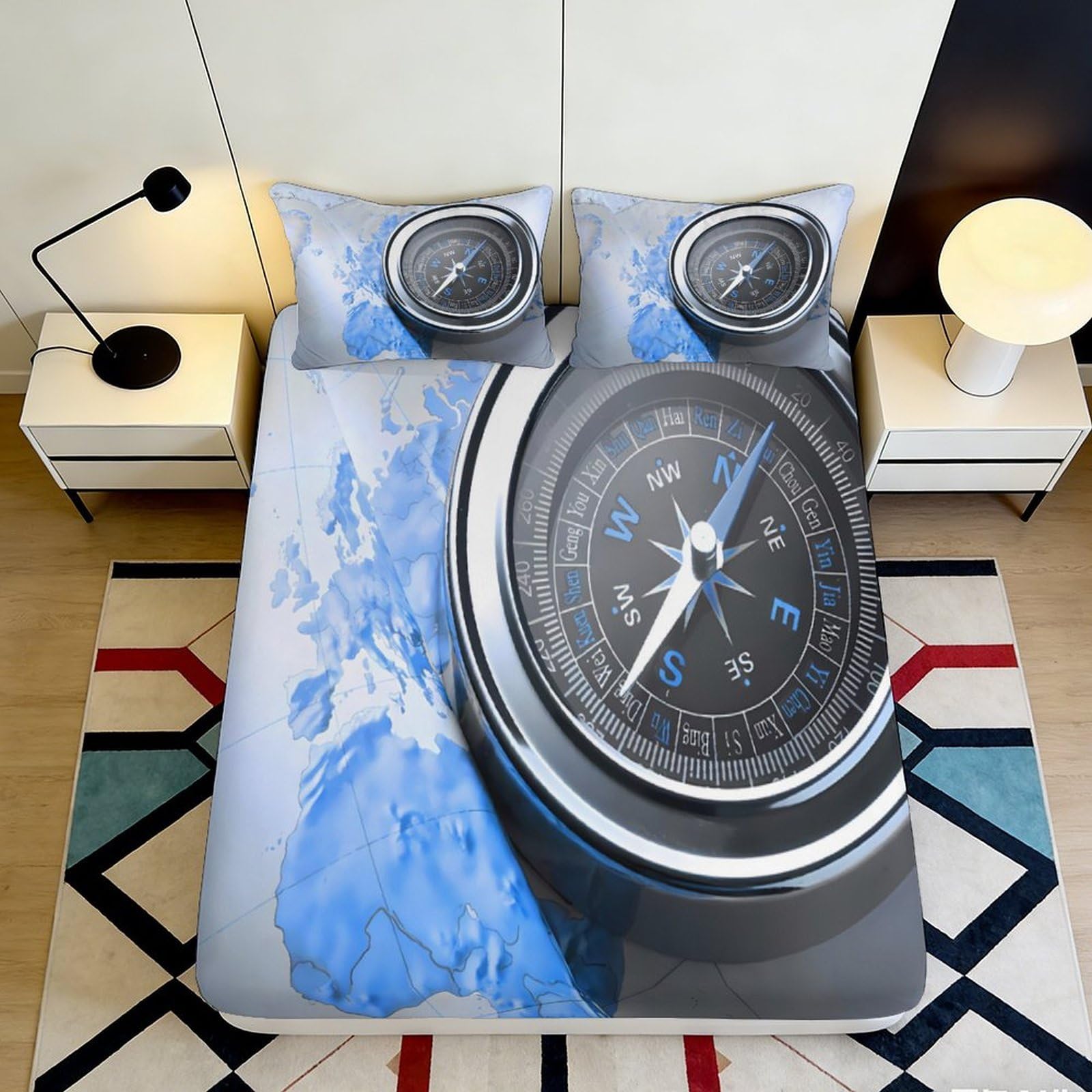 3D Printed Compass Map Fitted Sheet Microfiber Soft Anti-Slip Bed Sheet for Bedroom Dorm Decoration Protection 90x200x25cm