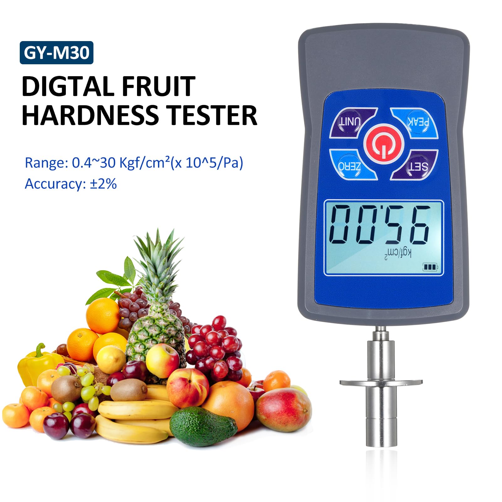 GY-M30 Digitaler Obsthärteprüfer Messgerät Mini Obst Penetrometer Durometer mit 0,4 bis 30 Kgf/cm² (x10^5 Pa) Lastteilungswert 0,01 kg/cm² Druckkopfdurchmesser Φ7,9 mm für Früchte