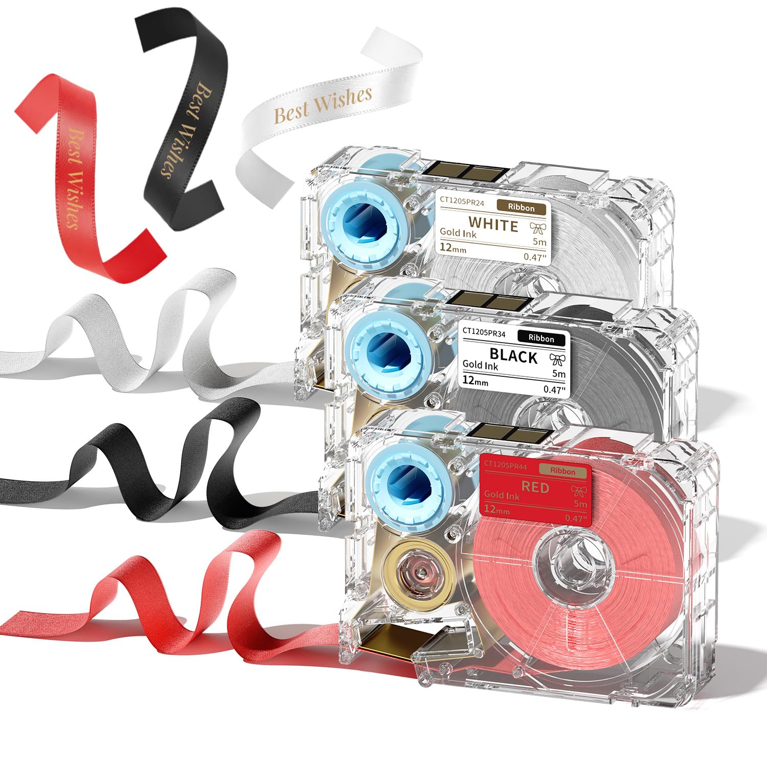 Phomemo A30 P15 Exclusive Ribbon Labels Ideal for Gift Wrapping, Wedding Bouquets, DIY Crafts, and Valentine's Day 12mm × 5m Long 3-roll Pack (White, Black, red Ribbon Labels)