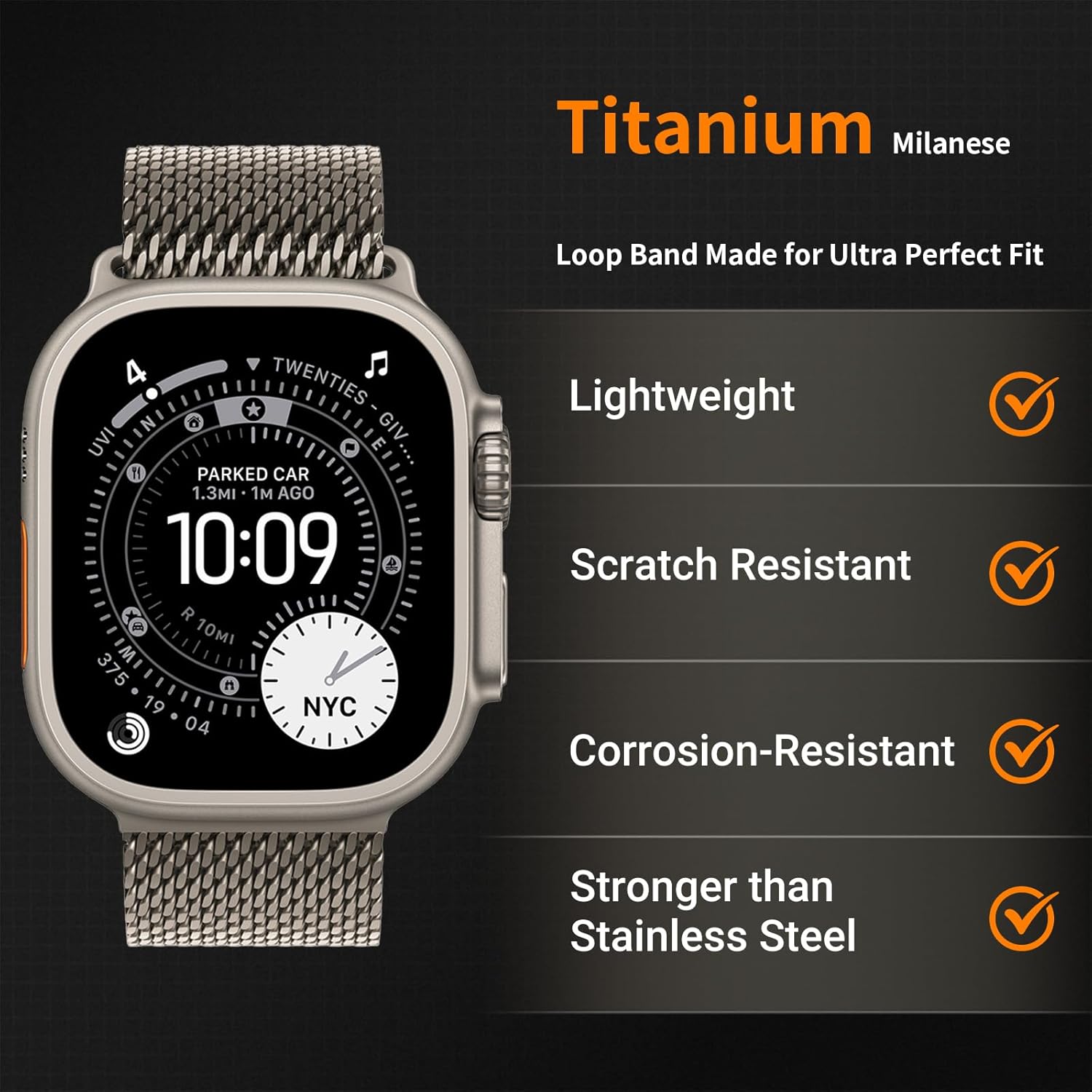 Titanium Milanese Loop Band Compatible with Apple Watch Bands Ultra 3/2/1 49mm 46mm 45mm 44mm for Women Men, Parachute-style Buckle Metal Mesh Strap Bracelet for iWatch Series 11 10 SE 9 8 7 6 5 4
