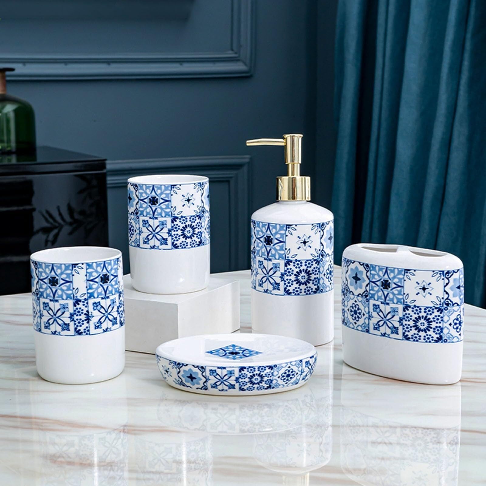 Set di accessori per il bagno Set di accessori da bagno in ceramica lusso, dispenser sapone, portaspazzolino, bicchiere Arredamento per gli affittuari(Green)