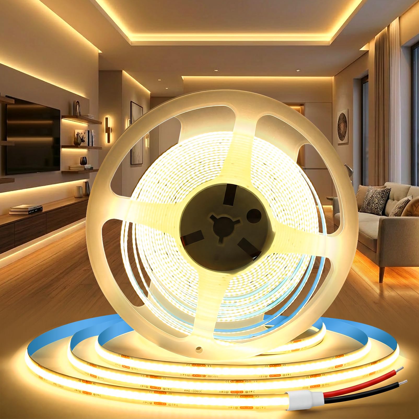 BAGZY 24V COB LED Strip Lights 5M/16.4ft Warm White 3000K Width 8mm Self Adhesive Tape Lights Cuttable 320LEDs/M Uniform Dotless for Kitchen Under Cabinet Bedroom Living Room (No Power Supply)