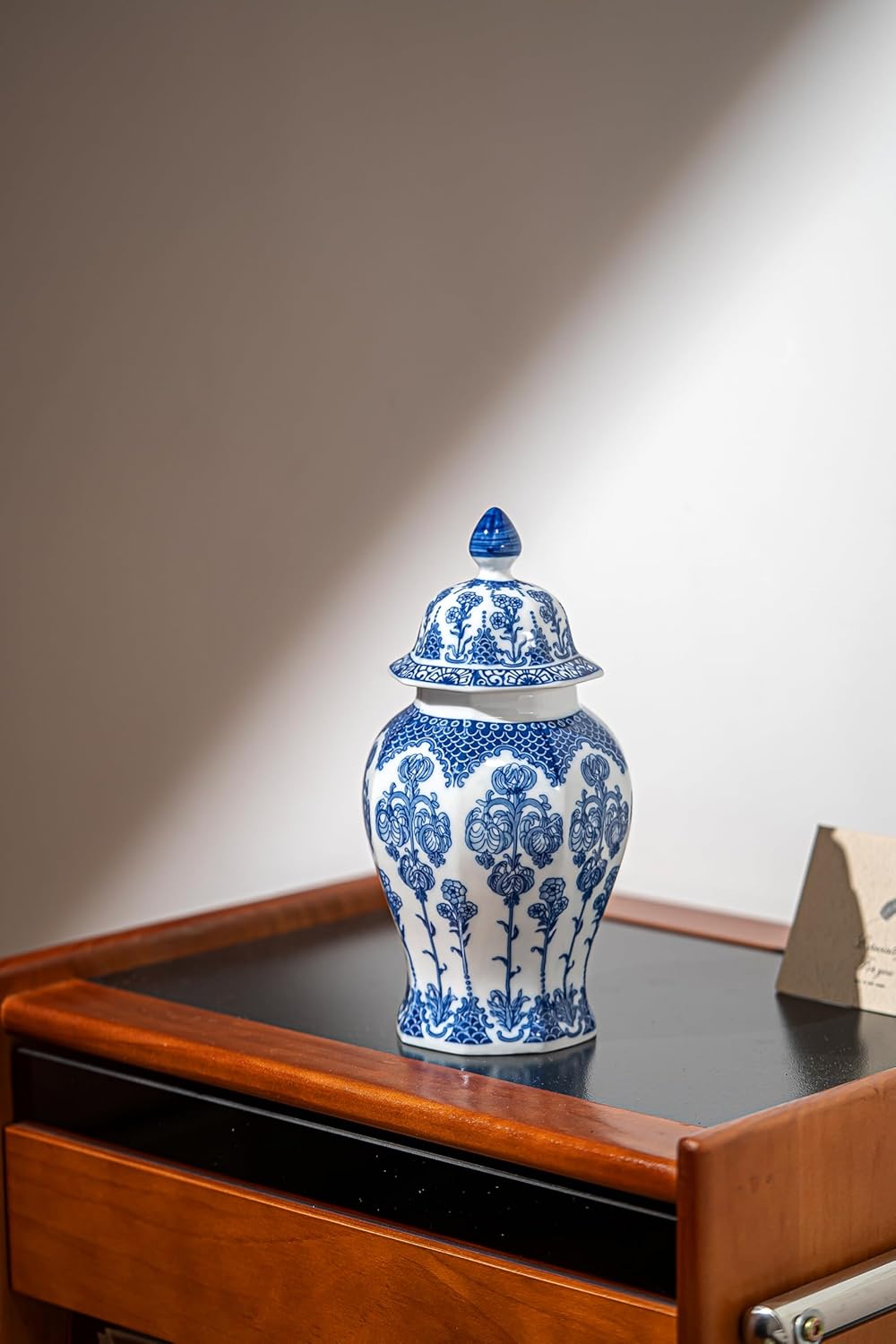 Blue and White Ginger Jar, Ceramic Chinoiserie Decorative Jars, Blue Vase Porcelain, Blue and White Decor for Table, Living Room, Bookshelf, Mantle Fireplace, Centerpieces.15 H