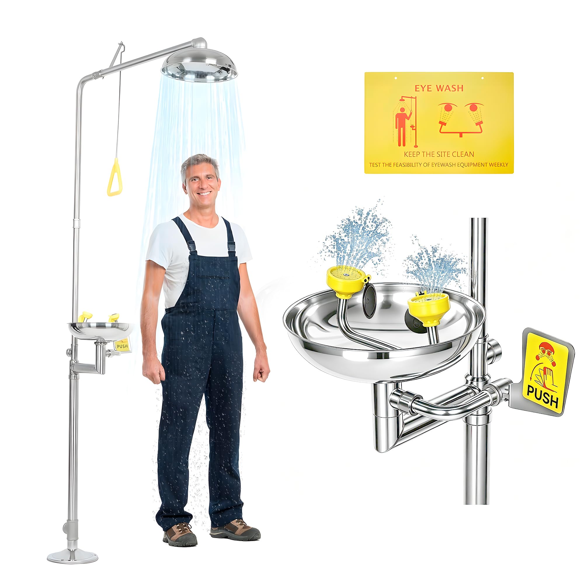 lesolar 304 Edelstahl Augendusche, Notfall-Augenbrause, Notdusche Augenspülstation für Industrie und Gewerbe, Kombinations-Augenspül-Duschstation mit Notfallschild & NPT-Gewinden