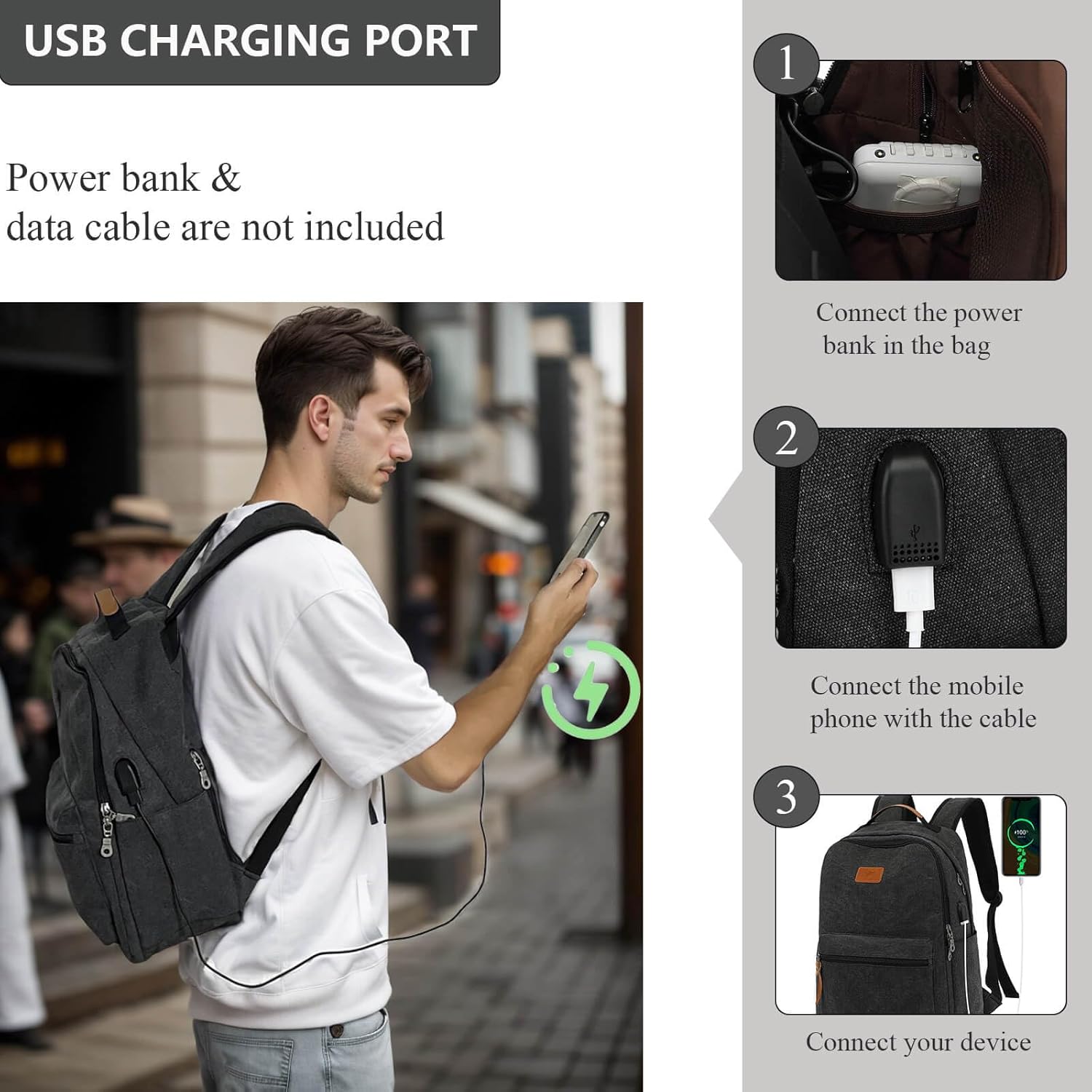 Waterproof Canvas Backpack, Laptop Backpack with USB Charging Port, Vintage Backpacks for College Students, Casual Daypack for Men & Women, Travel Work Backpack Fits 15.6 Inch Laptop, Black