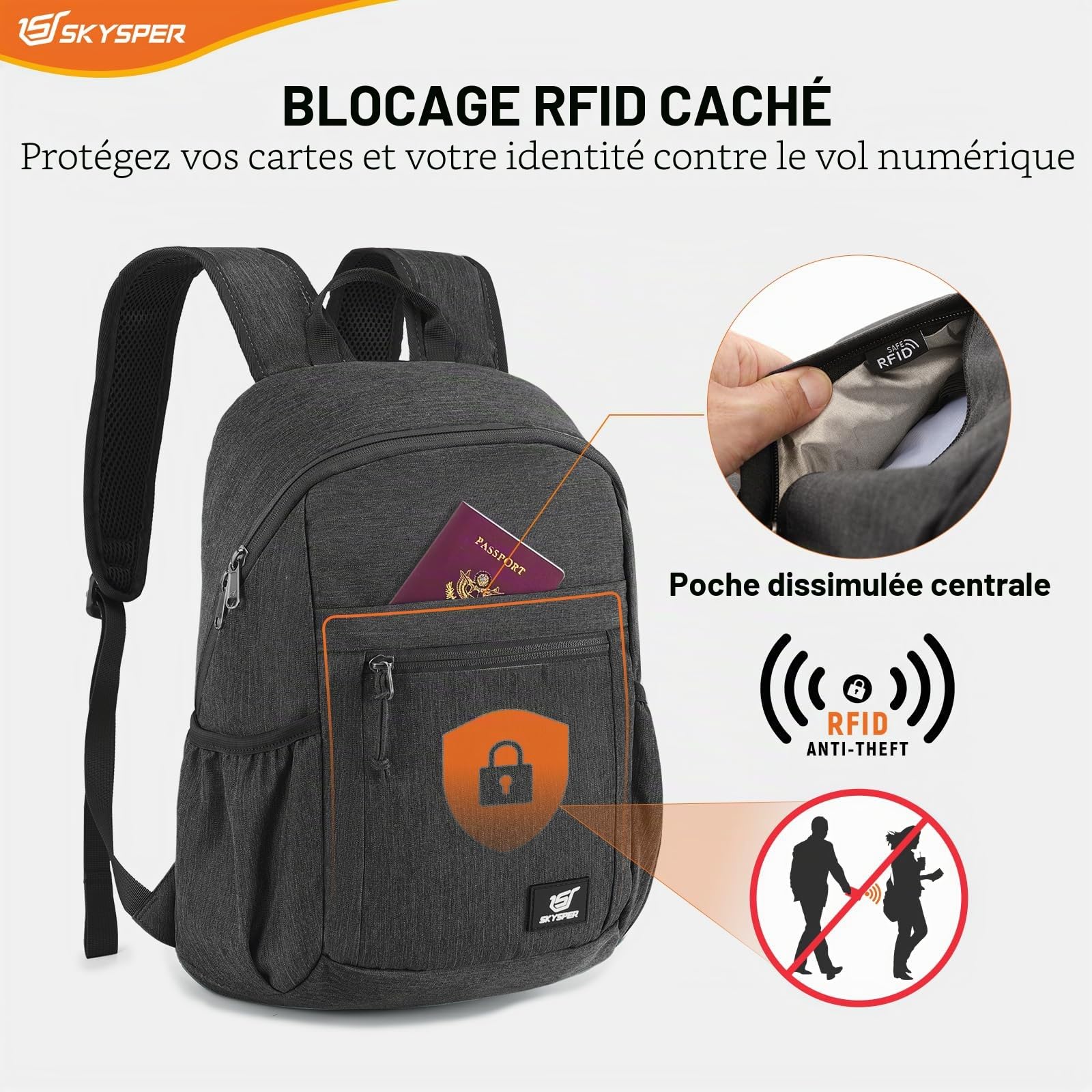 SKYSPER Sac à Dos Pliable Avec Protection RFID, 18L Sacs a Dos Randonnée Ultra Léger pour Homme Femme pour Randonnée Voyage Sport Vélo