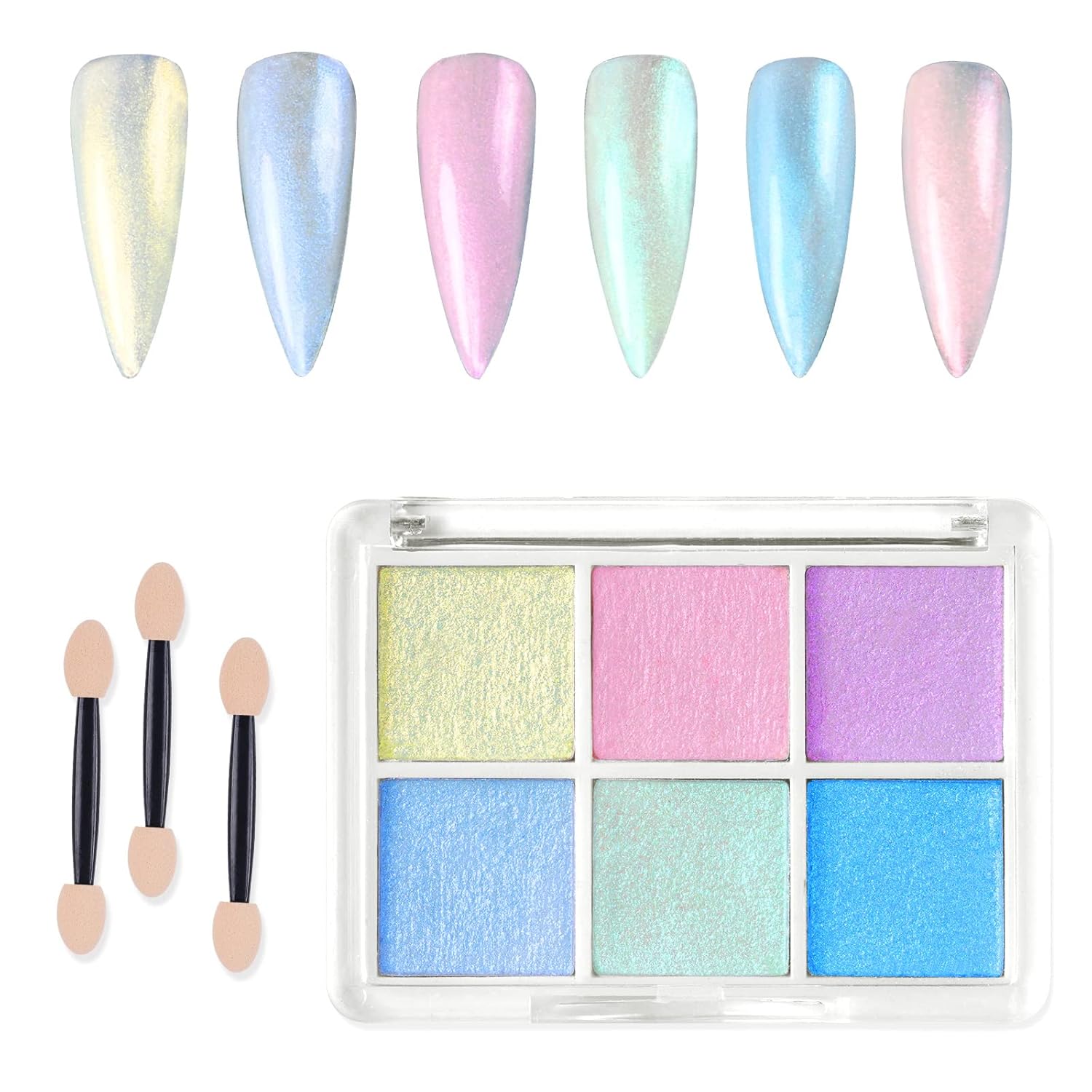 Polvo de uñas cromado, 6 colores holográficos con purpurina para uñas, polvo de mica Aurora, efecto espejo, uñas de neón sirena, pigmento de manicura para arte de uñas, esmalte de gel con 3 brochas de esponja Colombia