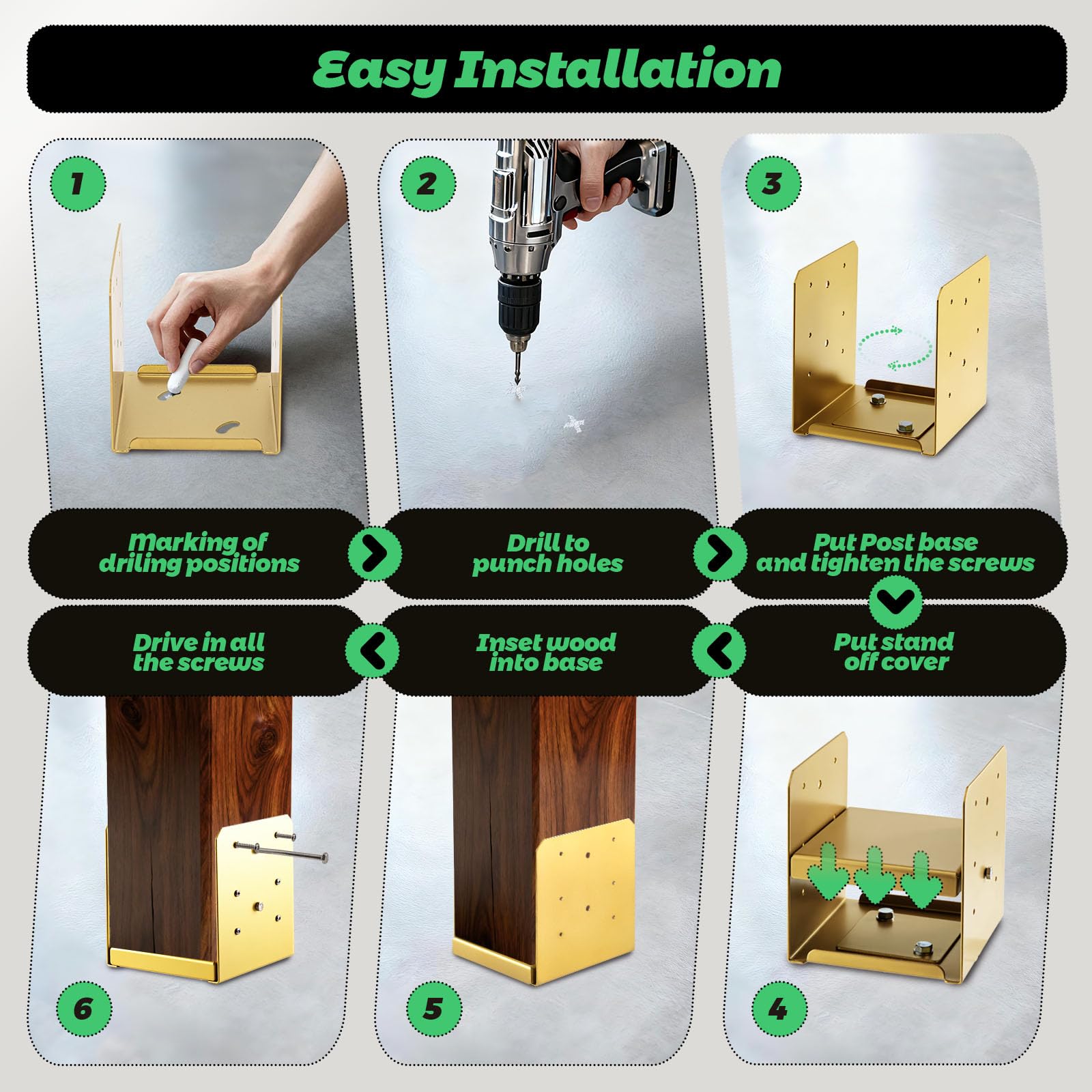 Base de poste de 8 x 8 pulgadas (dorada, 2 piezas) de anclaje de poste de acero inoxidable (tamaño interior: 7.5 x 7.5), soporte de poste ajustable para postes de madera de 8 x 8 pulgadas, placa de
