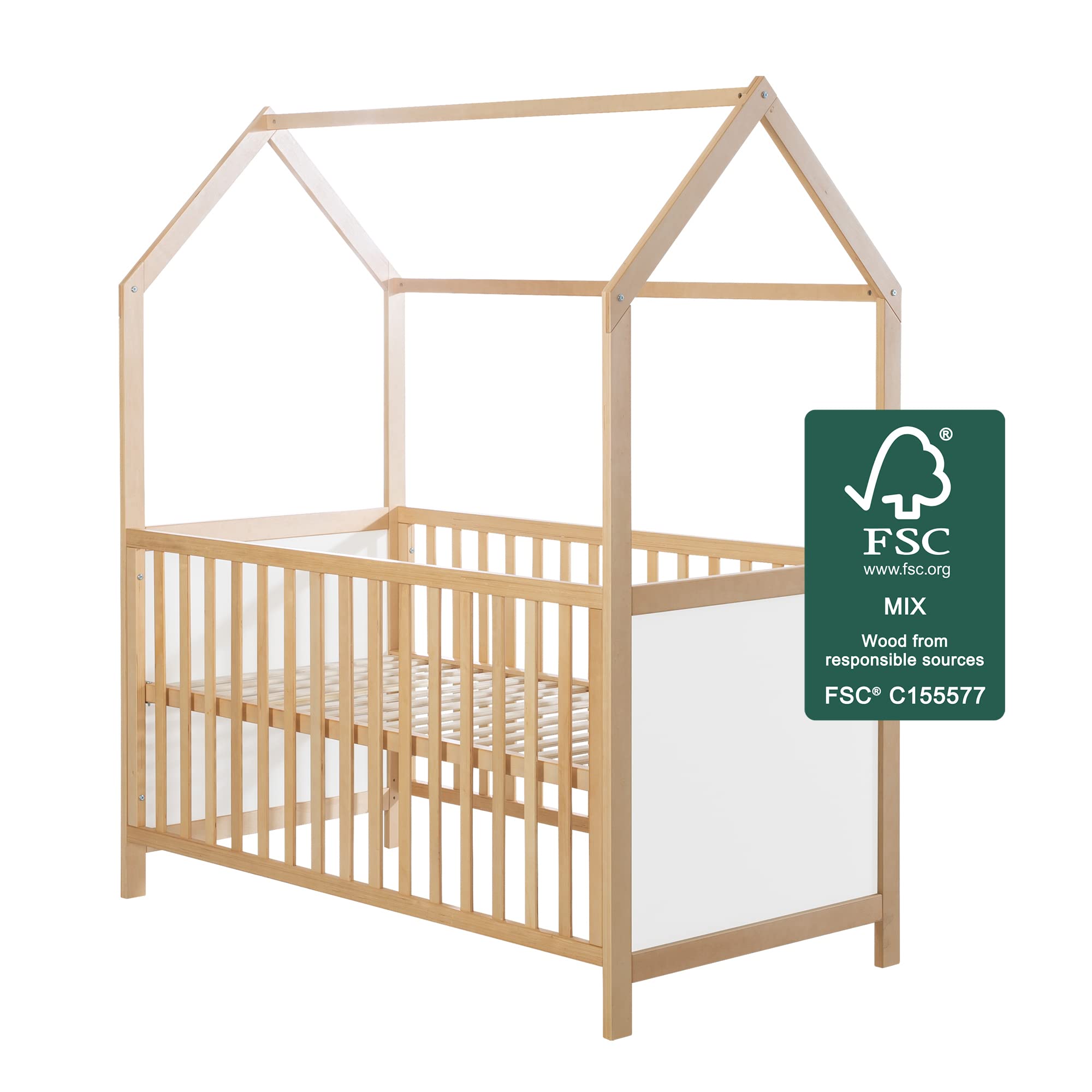 roba Cuna de Bebé en Forma de Casa 70 x 140 cm - Certificación FSC - Cama Infantil Altura Ajustable - Convertible en Cama Juvenil - Madera Bicolor