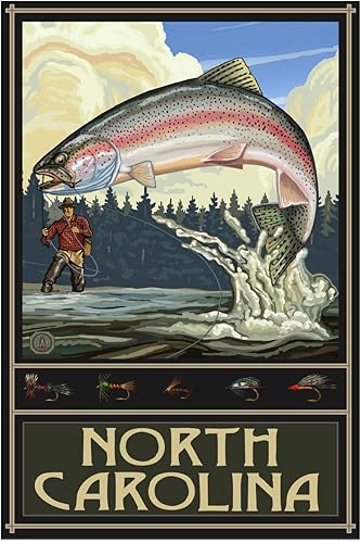 Póster de Carolina del Norte con estampado giclée de trucha arco iris y pescador de viajes por Paul A. Lanquist, 12 x 18 pulgadas