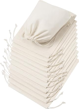 DR 100% Cotton Muslin Drawstring Bags 8x10 Inch - 12-Pack Natural Unbleached Fabric Storage Pouches for Pantry Kitchen Produce Herbs Gifts Party Favors Travel