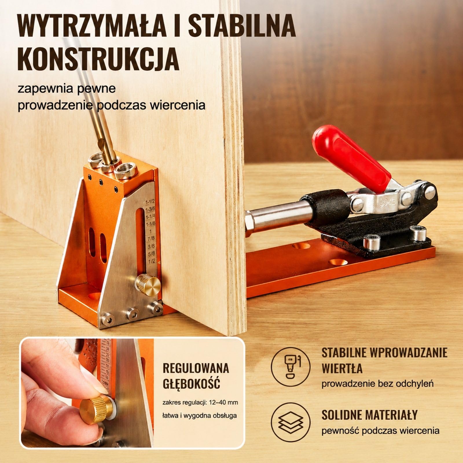 Zestaw szablonu do otworów kieszeniowych z trzema otworami, zaciskiem, kluczem, bitami kwadratowymi i stopem aluminium do obróbki drewna