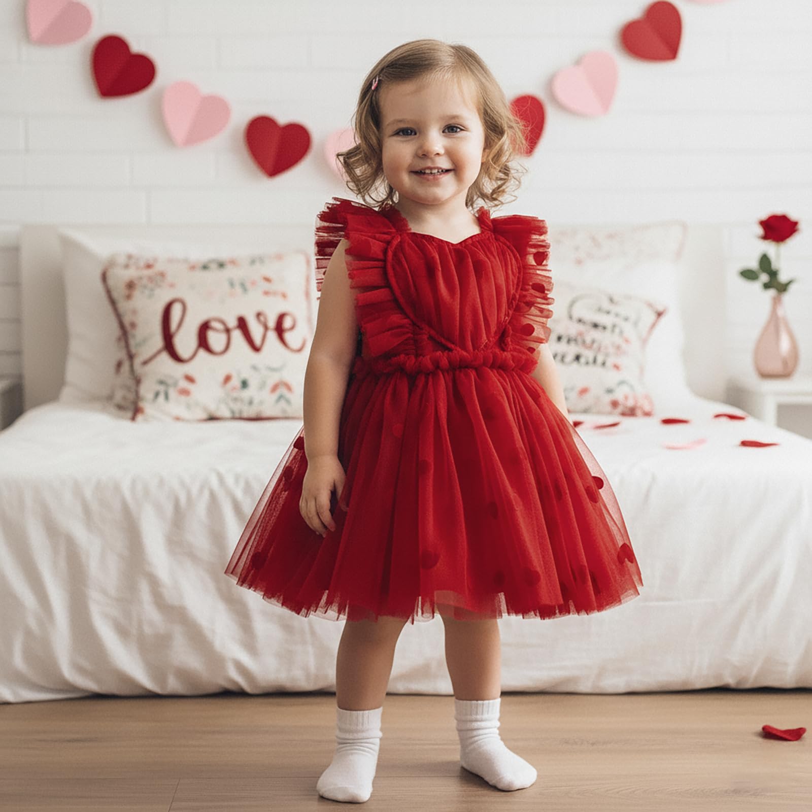 GXNRHG Baby Girl Valentines Tutu Sukienka Śliczny nadruk w kształcie serca Pończoch Suknie liniowe Letnia księżniczka Urodziny Party Wzburzona sukienka letnia