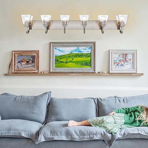 Miniatura 4 de 6 luces de tocador de baño, pantallas de vidrio transparente, apliques de iluminación moderna de níquel cepillado para baño, dormitorio, pasillo