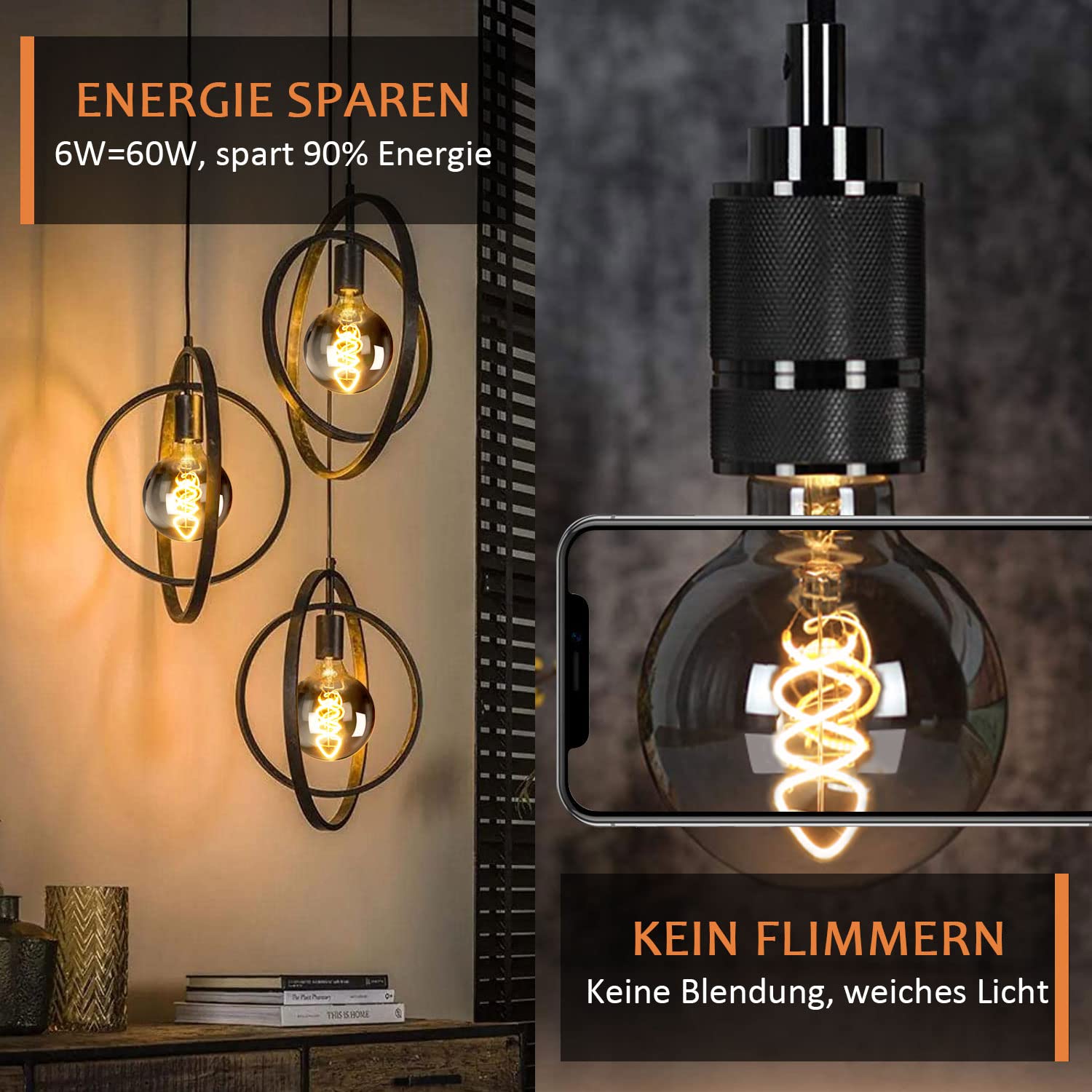 E27 LED Vintage Glühbirne, Edison Vintage Glühbirne E27 Dimmbar 6W G80 Retro Glühbirnen LED Filament Lampe Warmweiß Ideal für Dekorative Nostalgie Retro Beleuchtung, Rauchglas-6 Stück (YHS3PBT1)