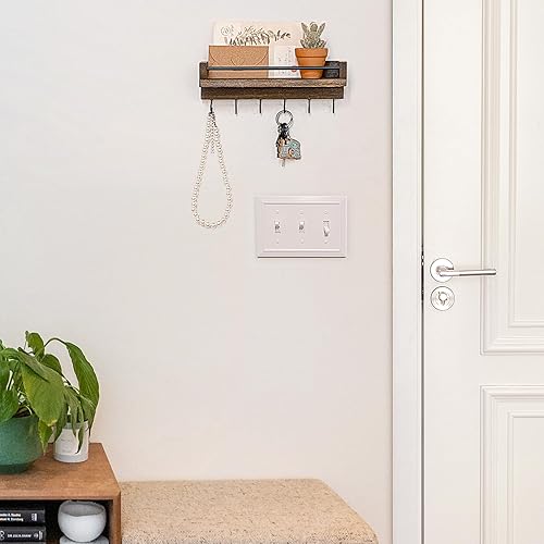 Miniatura 6 de Mkono Llavero para pared, 9.5 x 3.5 x 2.5 pulgadas, pequeño estante flotante de madera negra con 6 ganchos, colgador decorativo para llaves para