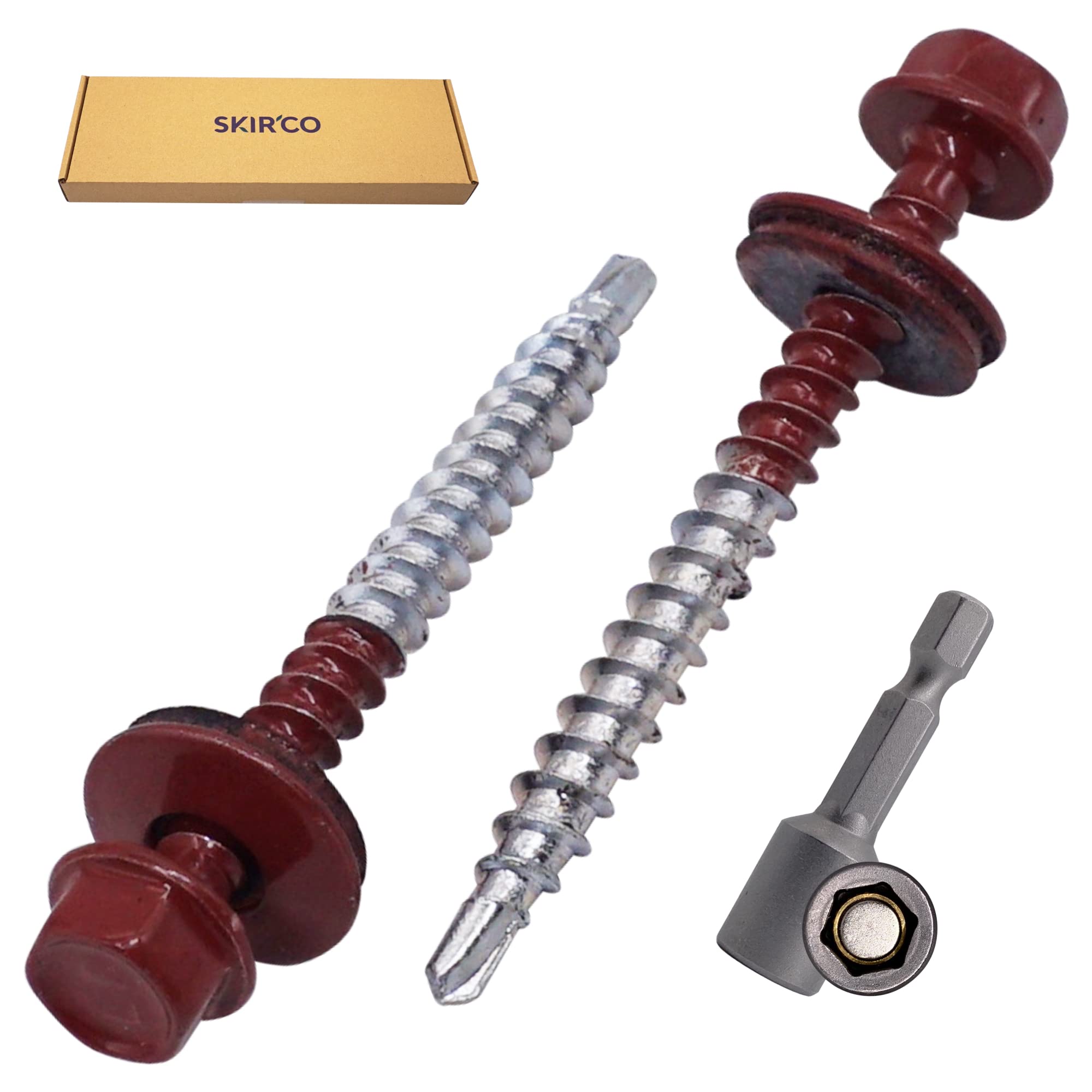 SKIR'CO (150 szt.) Malowane wkręty dachowe, 4,8 x 50 mm Wkręty samowiercące z podkładką EPDM, z łbem sześciokątnym (czerwony oksydowany, RAL 3009)