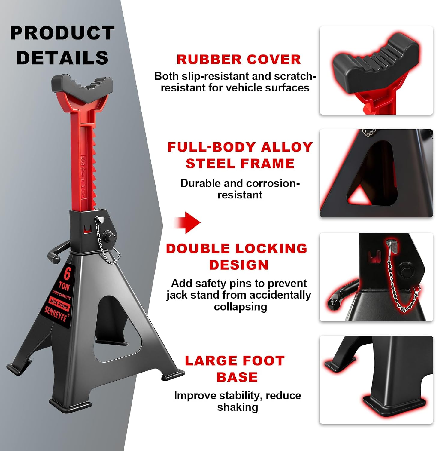 6 Ton (13,200 LBs) Jack Stands with Double Pin Locking,Rubber Cover and Large Foot Base,15"-23" Adjustable Height,Heavy Duty Car Jack Stands,Lifting Bus,RV,SUV,MPV,Pickup Truck,ATV/UTV,1 Pair