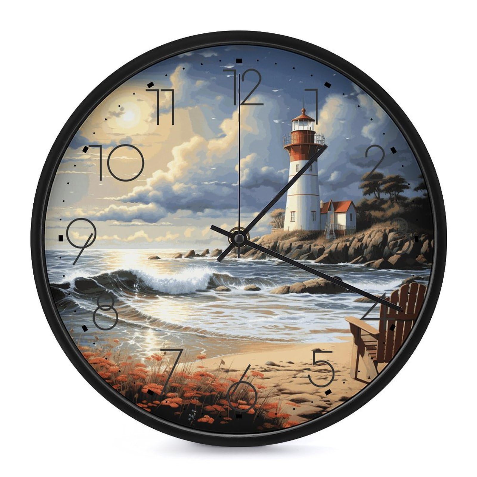 Adfgyerh Black-Style Sea Lighthouse Sandbeach Clock，9.8 Inch Battery Operated Wall Clock Classic Simple, Decorative Wall Clock.analog Clock For Kitchen Office Bathroom Bedroom.