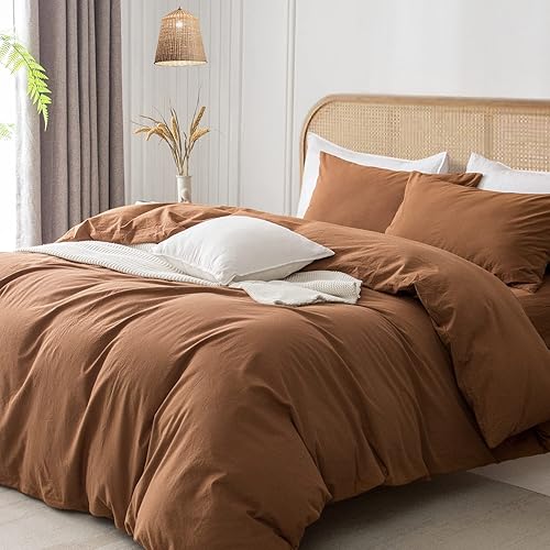 Miniatura 3 de Juego de funda de edredón tamaño King, 100% algodón lavado, súper suave, tacto de lino texturizado, duradero, juego de ropa de cama de 3 piezas con