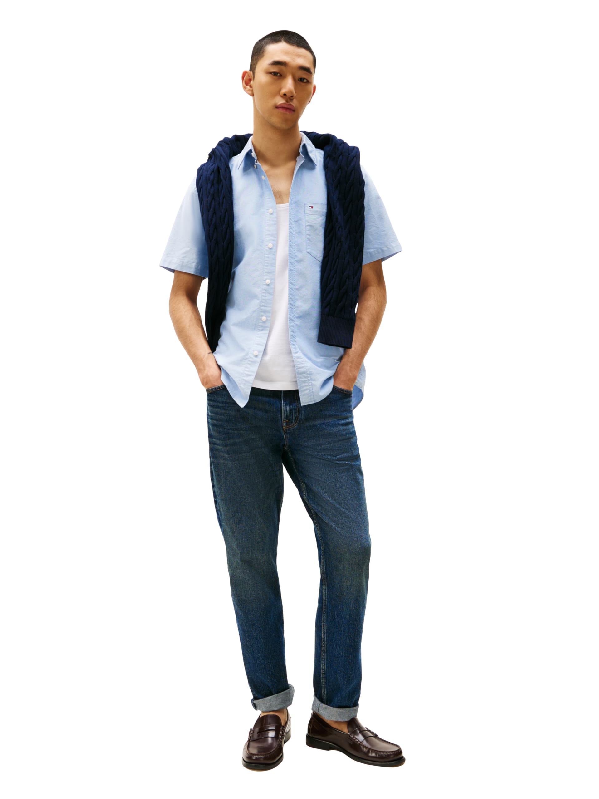 Tommy Hilfiger Koszula z krótkim rękawem Oxford o normalnym kroju dla mężczyzn z zapięciem na guziki, koszula, niebieska, L, Koszula, niebieska, L