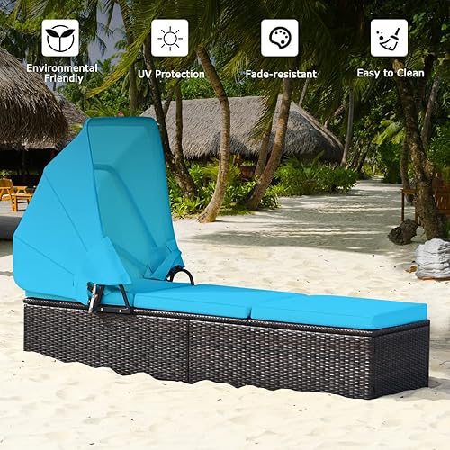 Miniatura 9 de HAPPYGRILL Salón de patio con toldo retráctil silla reclinable al aire libre con respaldo ajustable sofá cama de mimbre de ratán con mesa de café