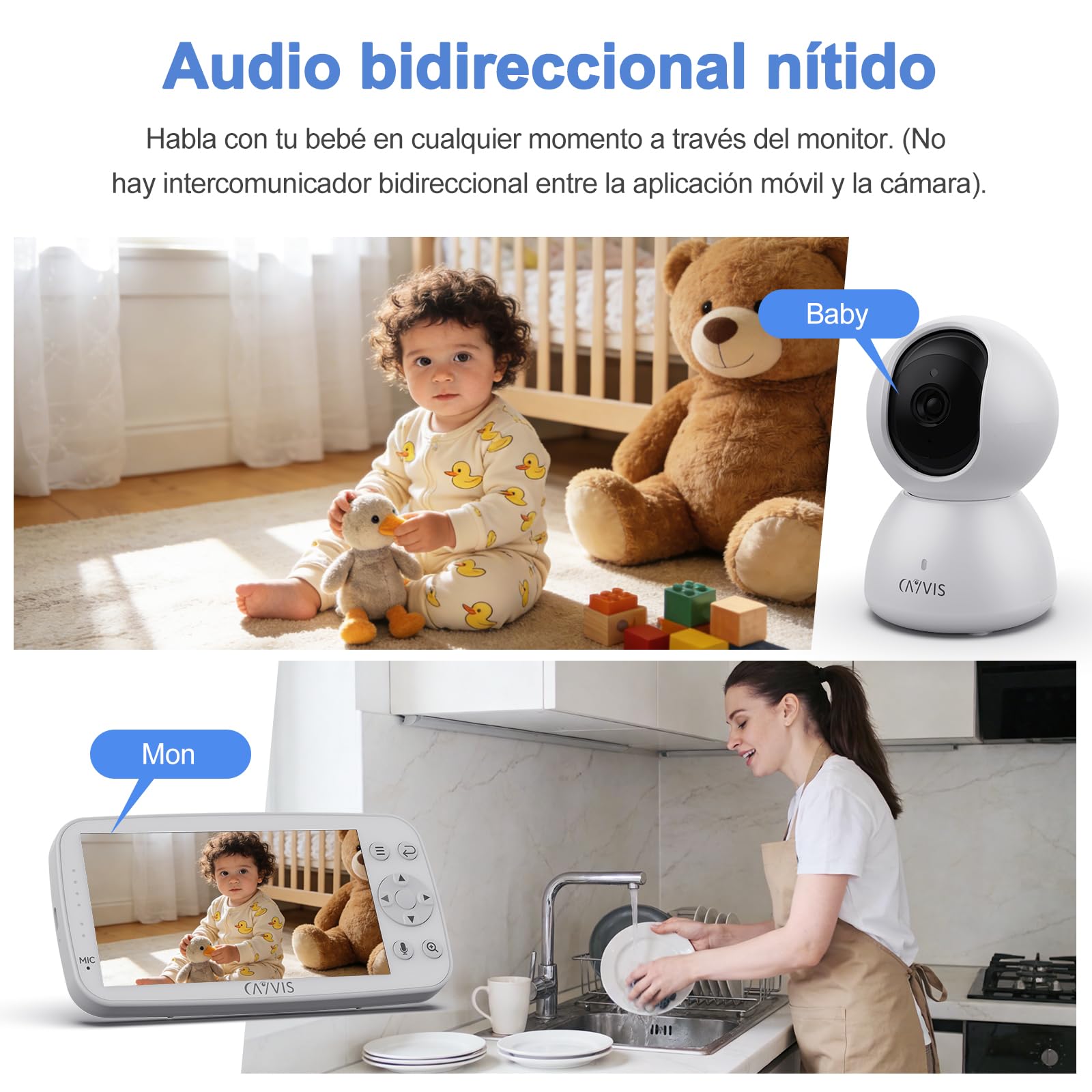 Vigilabebés con cámara de 1080P, 5" LCD-IPS - Cámara de bebé WiFi vídeo babyfone PTZ 360, visión Nocturna detección Movimientos cunas, Bebe Monitoreo Baby Phone