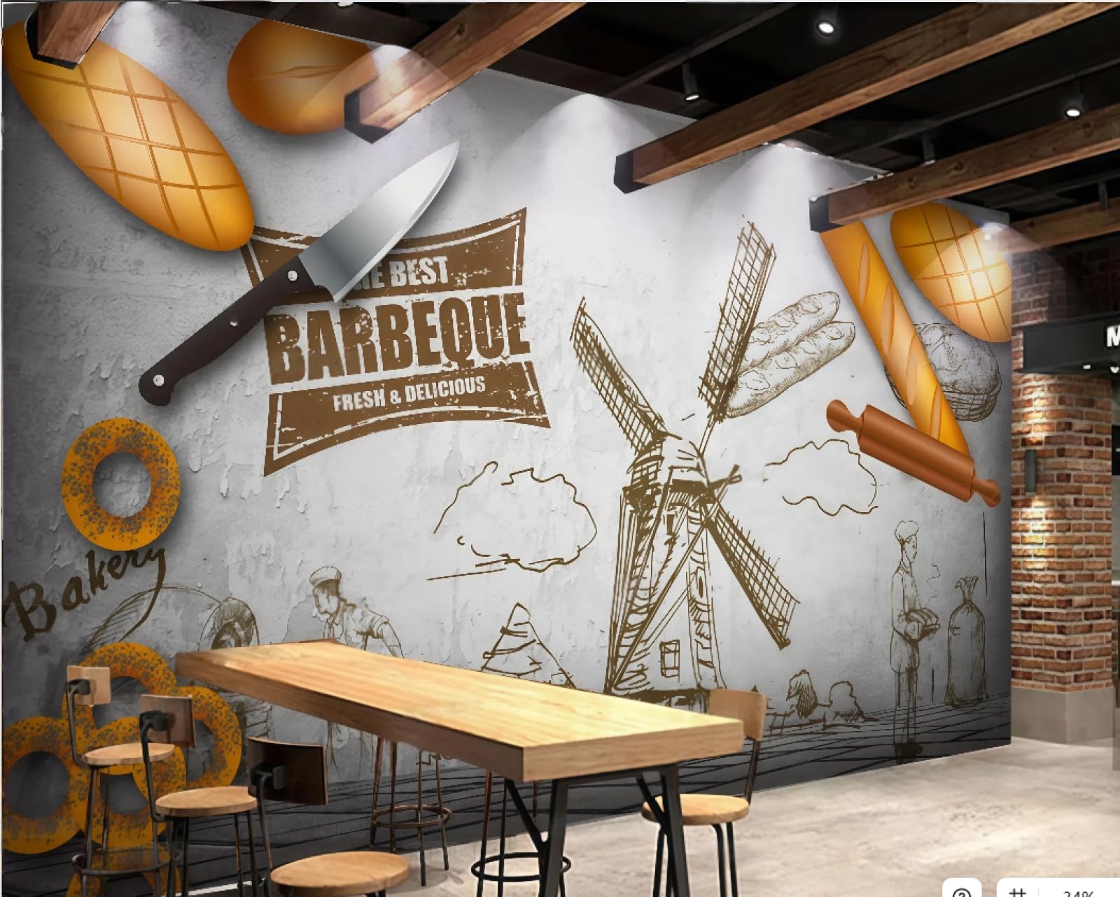 XDOUBAO Wallpaper Retro Hand-Painted Gourmet Baking Bakery Breakfast Theme Afternoon Tea Western Restaurant Background Wall Wallpaper Coffee Shop Mural,3D,400x280cm