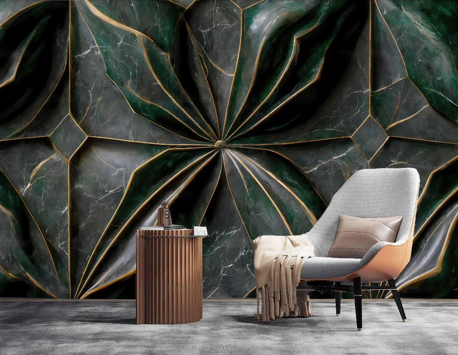 Tapeta trójwymiarowa złota linia romb skała relief abstrakcyjny kamień szlachetny zielony marmurowy wzór TV sofa tło tapeta ścienna salon restauracja kawiarnia mural, 3D, 200 x 140 cm