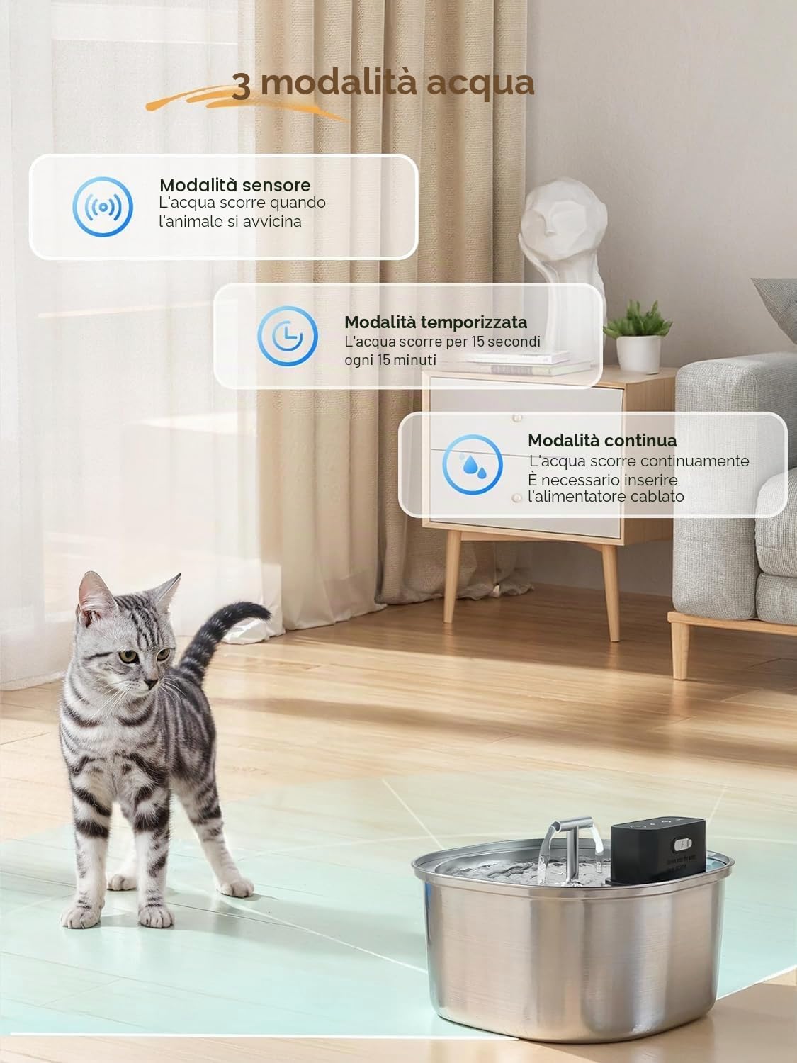 Fontana per gatti in acciaio inox con 3 modalità di funzionamento: fontana senza fili da 3,2 l, pompa ultra silenziosa e design a doppio ugello – con 3 set di filtri